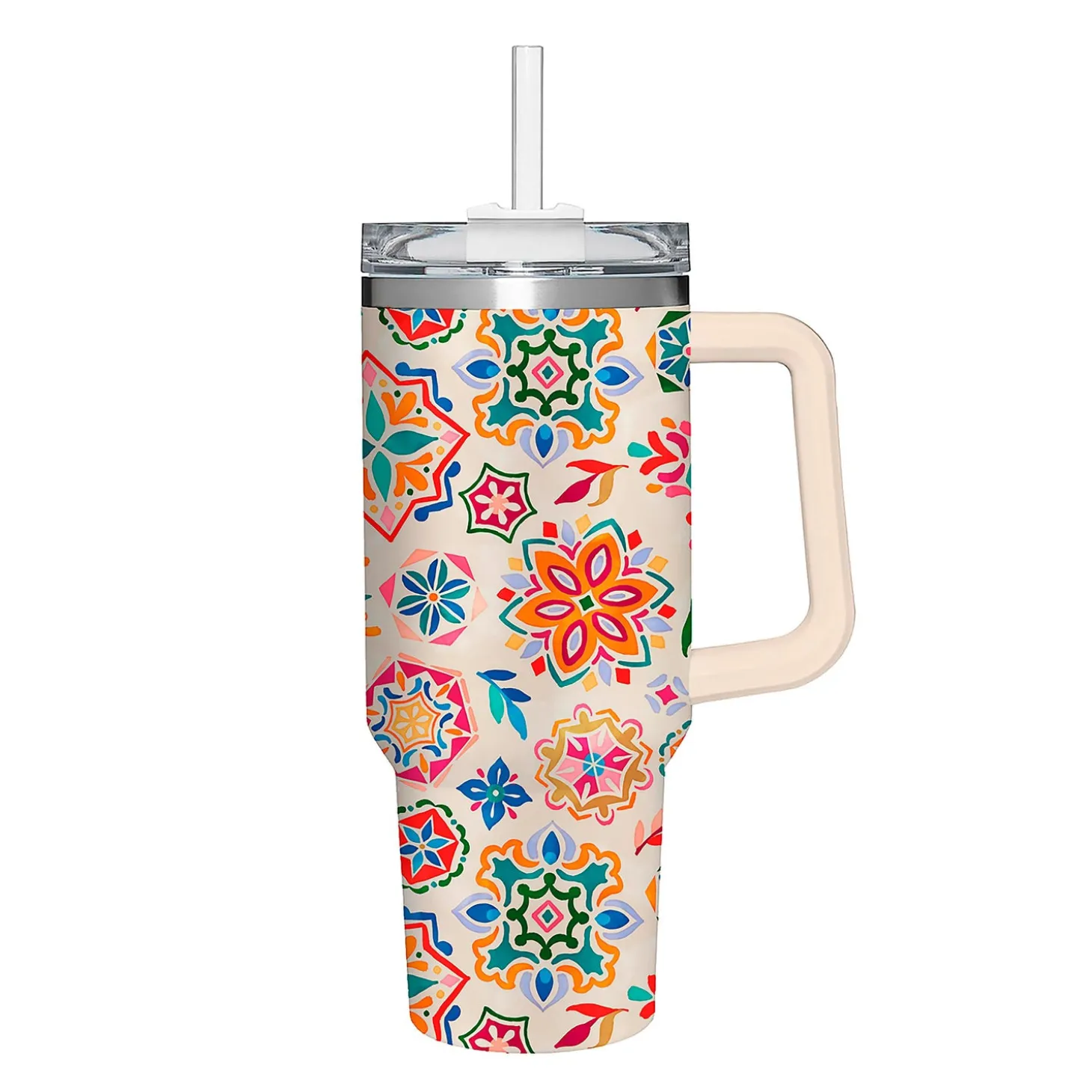 Travel Cups>Plow & Hearth Geometric Tapestry Canyon Cup, Double Wall Stainless Steel w/ Straw, 40oz, Gift Box