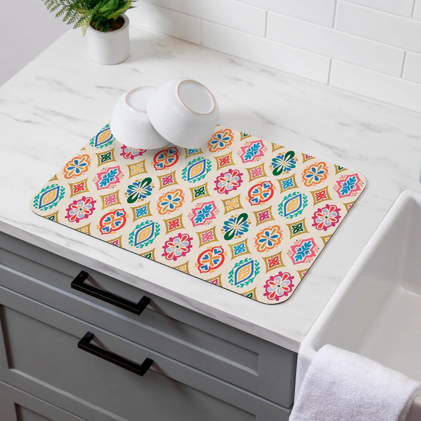 Kitchen Linens | Cleaning Supplies>Plow & Hearth Geometric Tapestry Fabric Dish Drying Mat, 20" x 15"