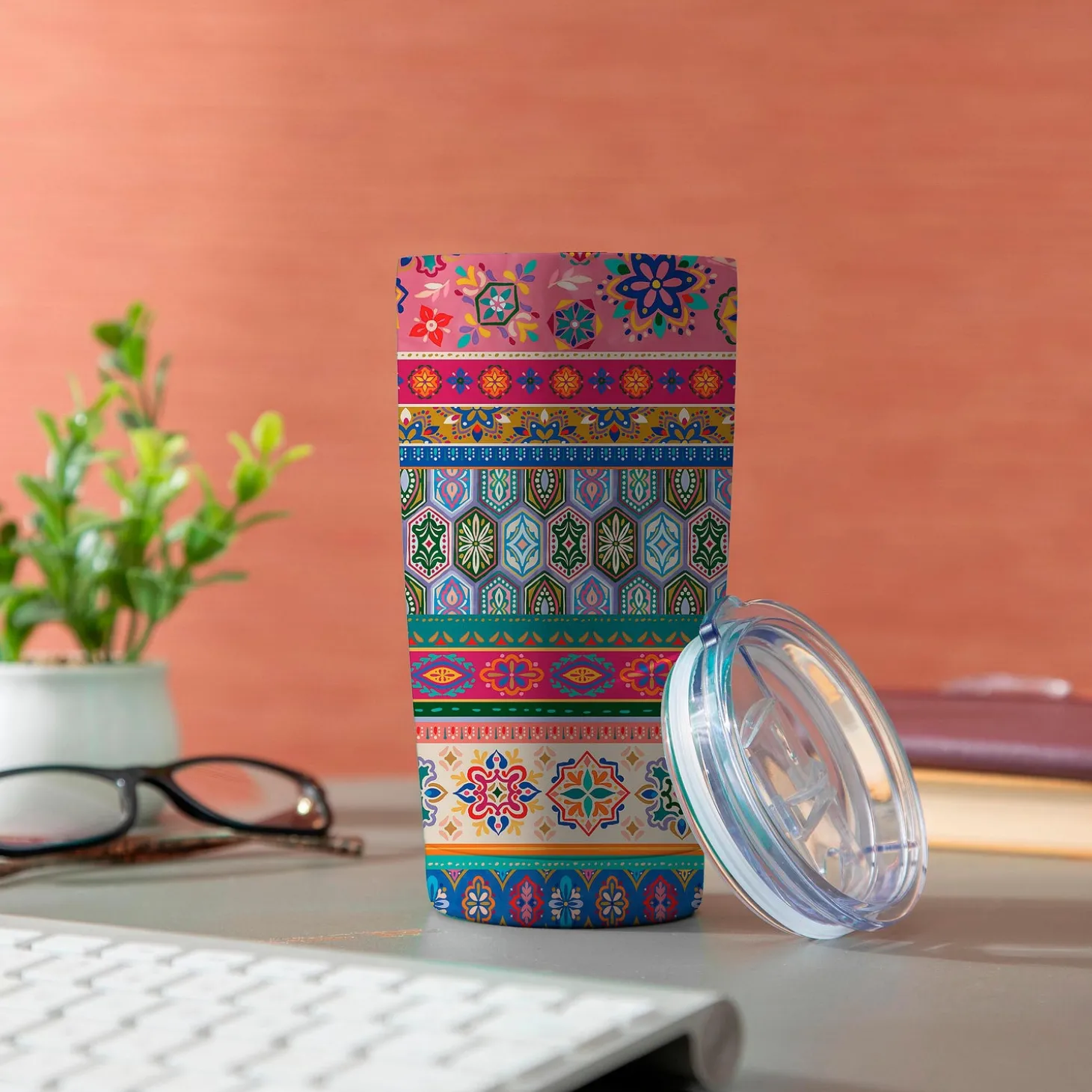 Travel Cups>Plow & Hearth Geometric Tapestry Stripes Double Wall Stainless Steel Tumbler, 20oz, Gift Box