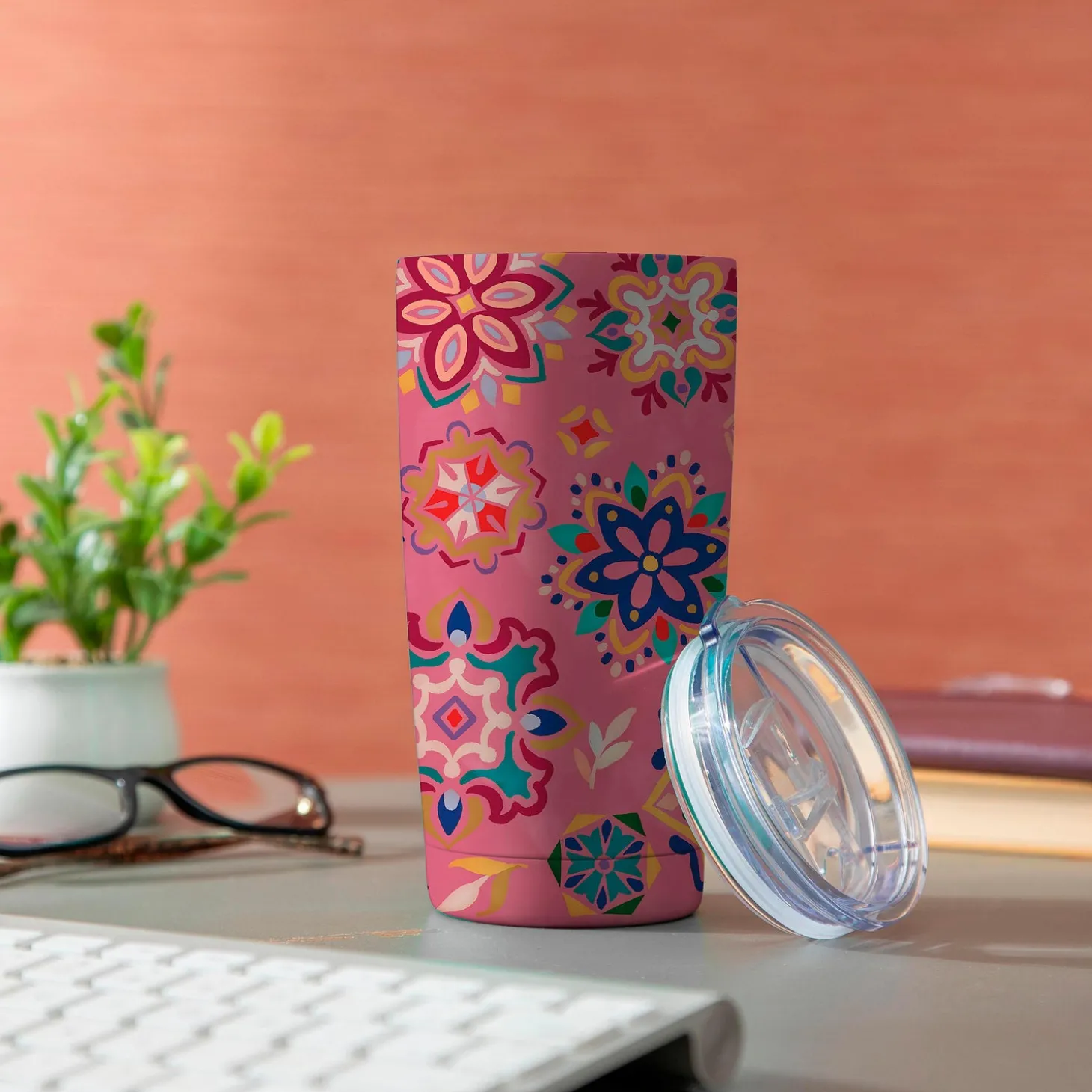 Travel Cups>Plow & Hearth Geometric Tapestry Tiles Double Wall Stainless Steel Tumbler, 20oz, Gift Box