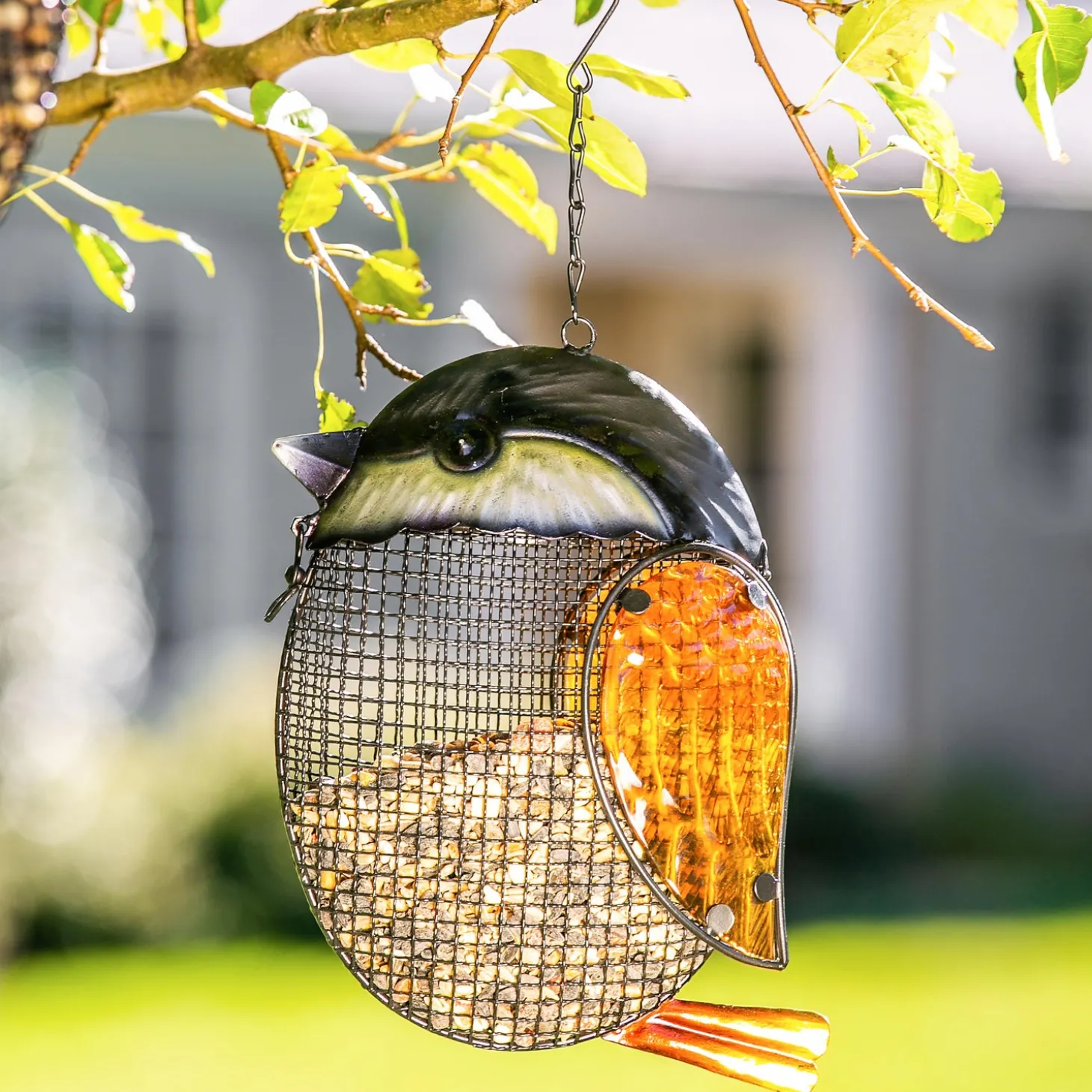 Bird Feeders>Plow & Hearth Glass Chickadee Hanging Mesh Bird Feeder