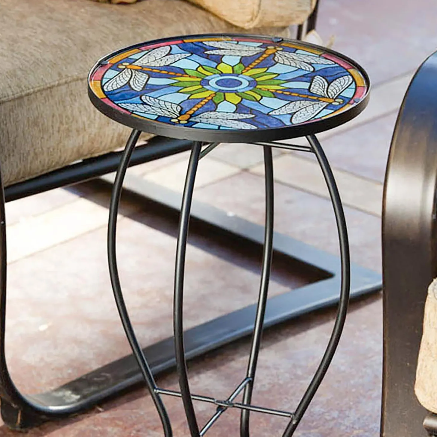 Accent Tables | Outdoor Side Tables>Plow & Hearth Glass Table, Tiffany Inspired Dragonfly