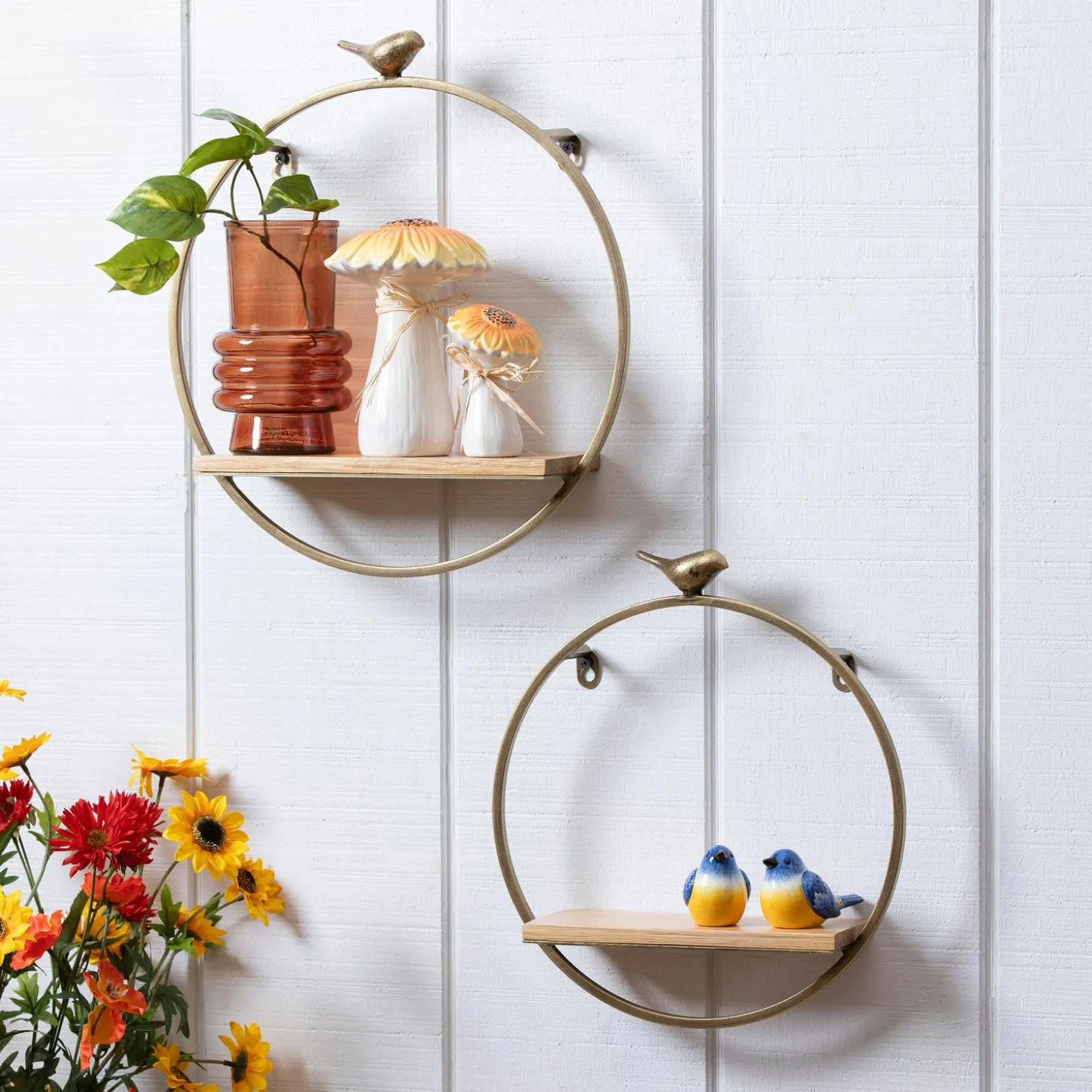 Bookshelves & Wall Shelves>Plow & Hearth Gold Circle Wall Shelf with Bird, Set of 2