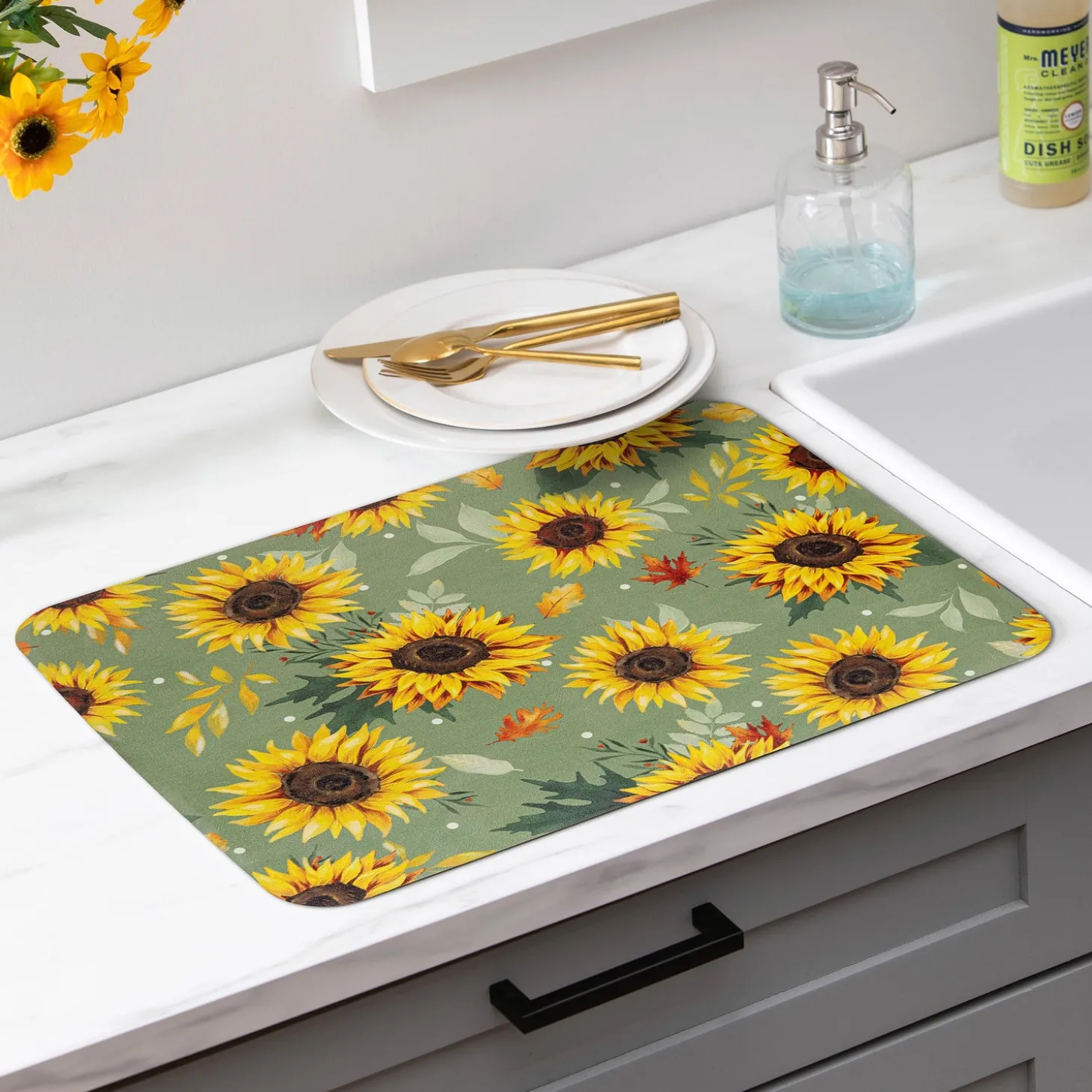 Kitchen Linens | Cleaning Supplies>Plow & Hearth Grateful Gatherings Sunflower Fabric Dish Drying Mat, 20" x 15"