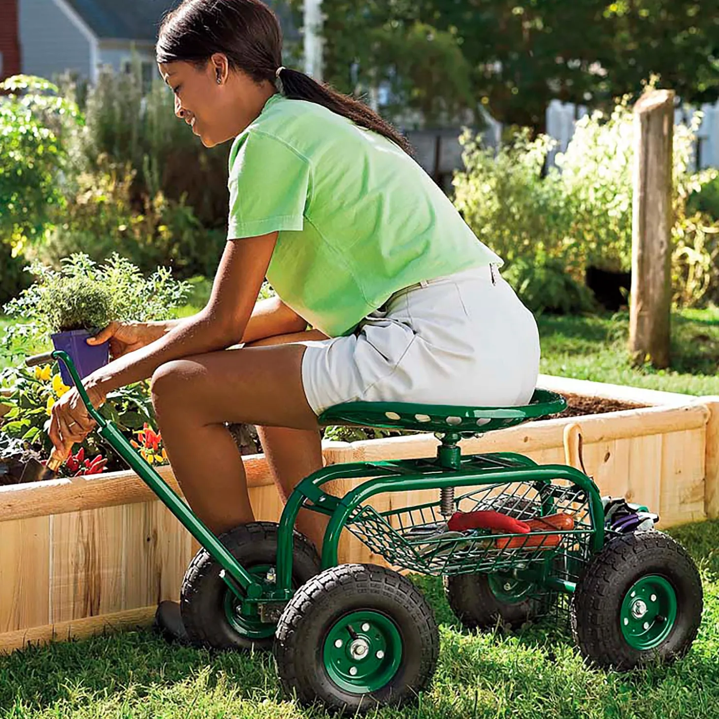 Garden Tools & Supplies>Plow & Hearth Green Rolling Scoot-N-Do Garden Seat