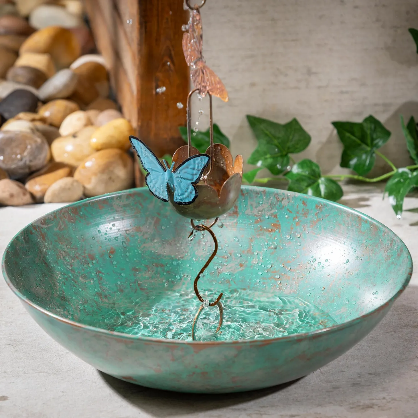 Wind Chimes & Mobiles>Plow & Hearth Green Verdigris Rain Chain Basin