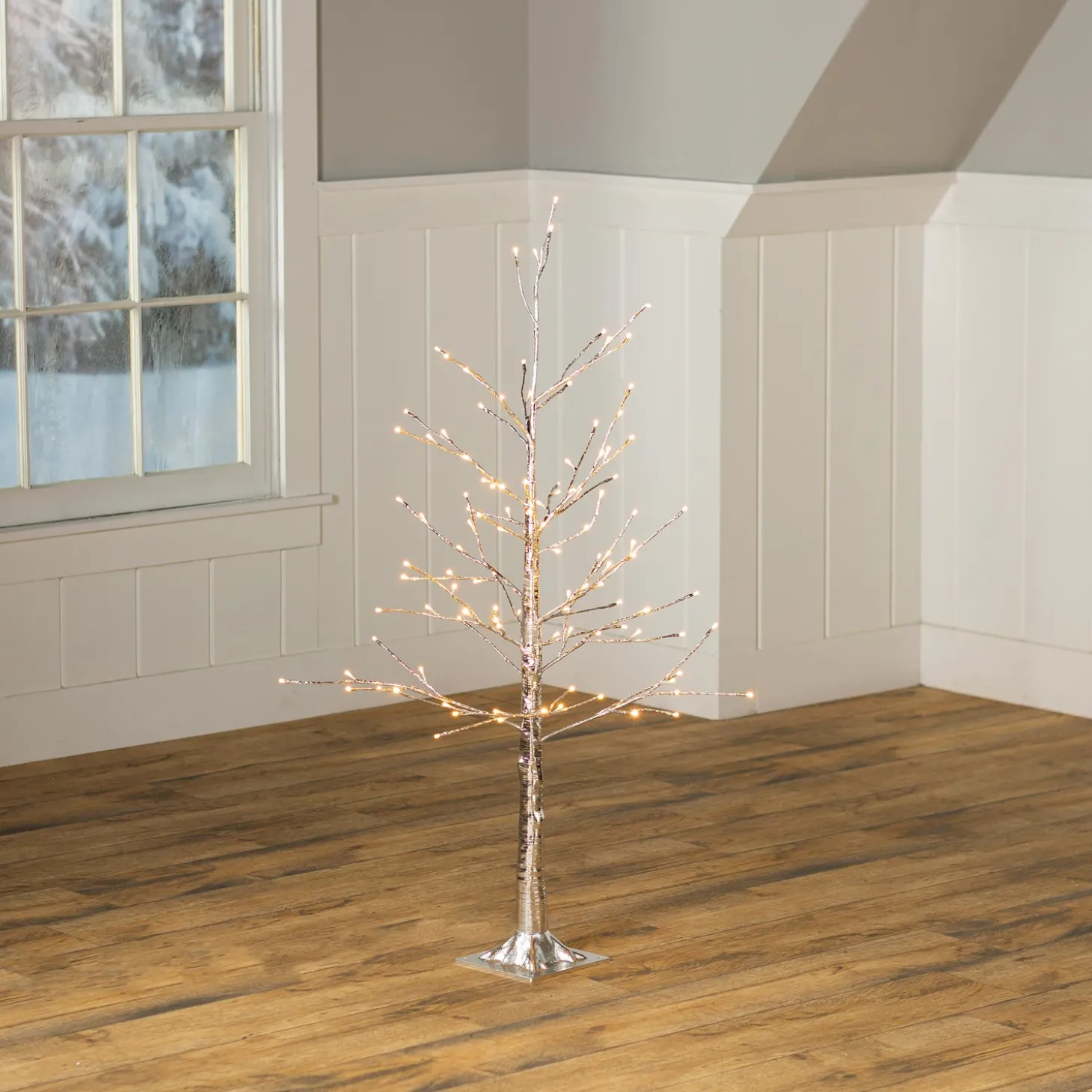 Lighted Trees & Garlands>Plow & Hearth 4'H Indoor/Outdoor Silver Metallic Tree with 112 Lights