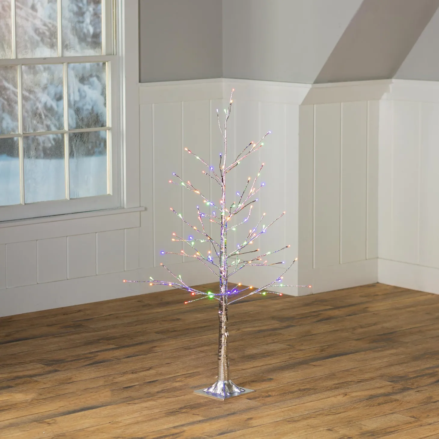 Lighted Trees & Garlands>Plow & Hearth 4'H Indoor/Outdoor Silver Metallic Tree with 112 Lights