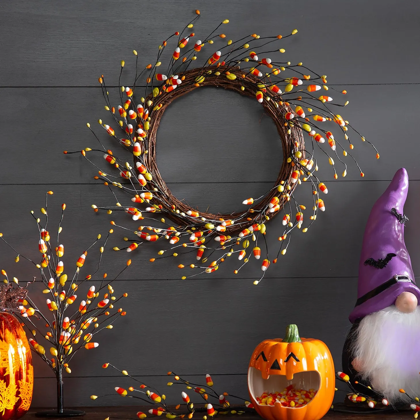 Wreaths>Plow & Hearth Halloween Candy Corn Artificial Wreath