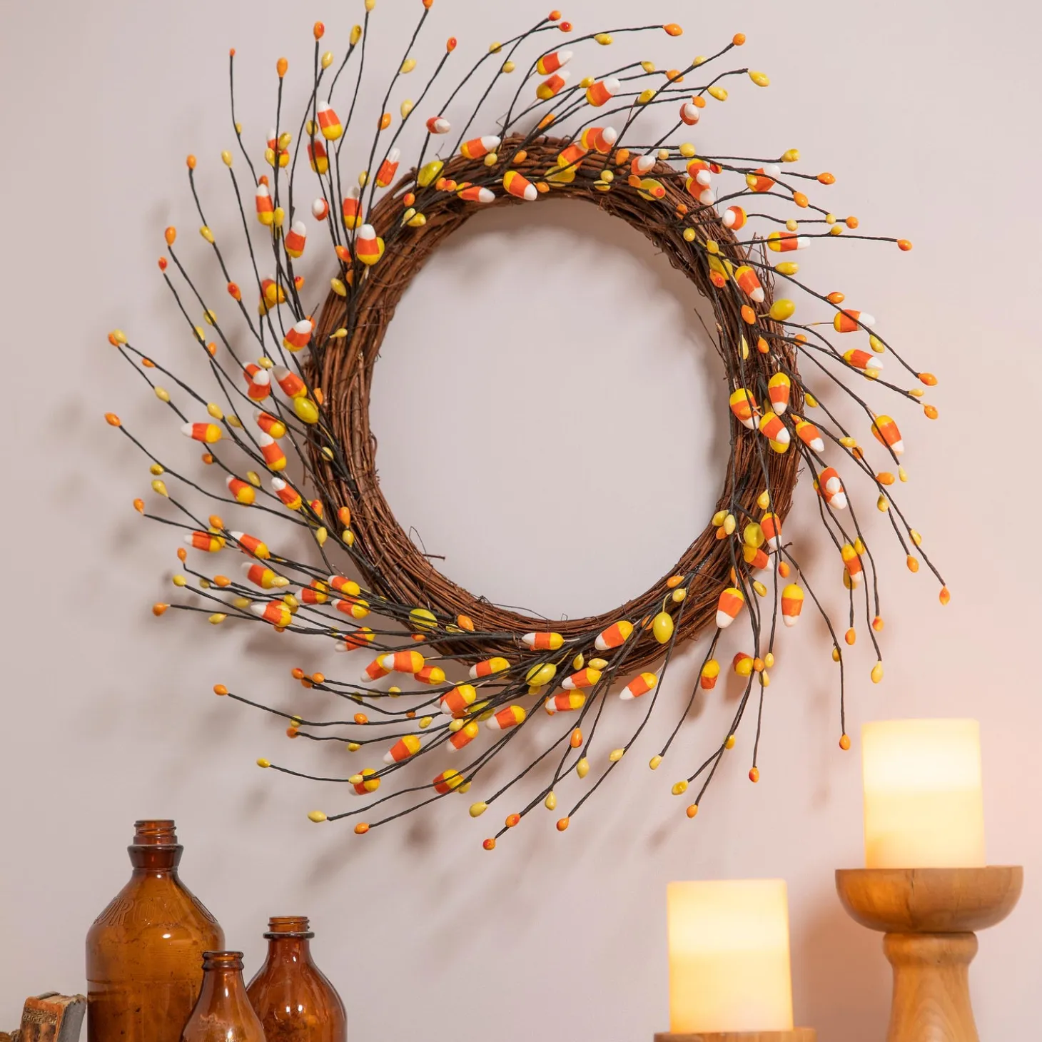 Wreaths>Plow & Hearth Halloween Candy Corn Artificial Wreath