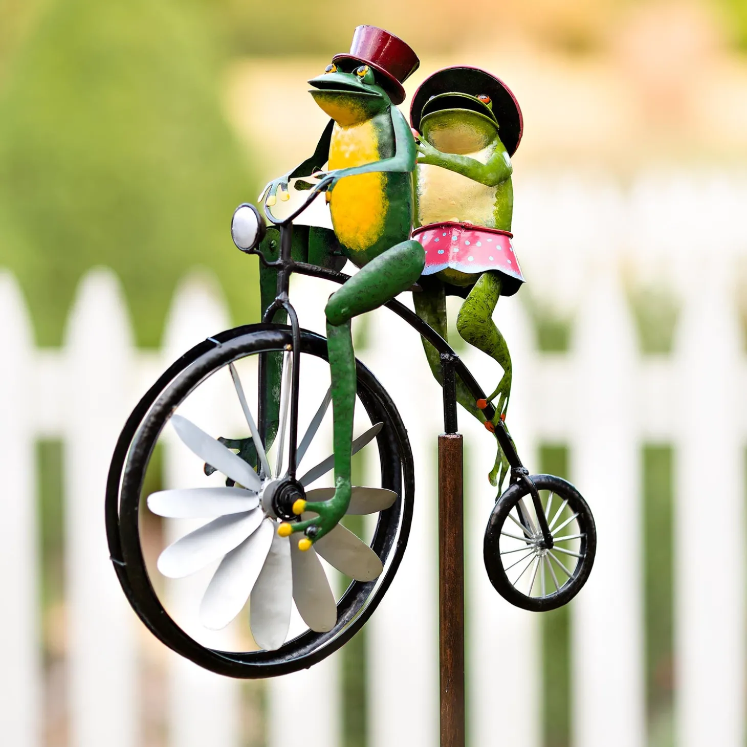 Wind Spinners | Garden Stakes>Plow & Hearth Handmade Bicycling Frogs Metal Wind Spinner