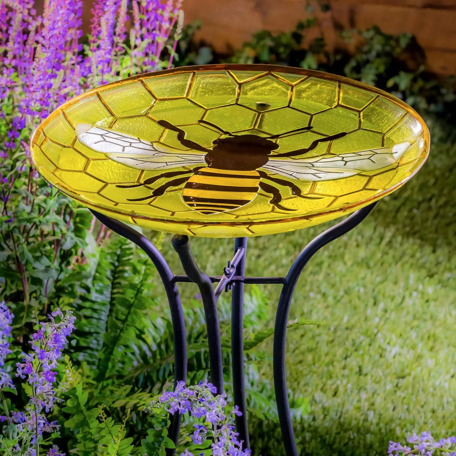 Birdbaths>Plow & Hearth Happy Honey Bee Glass Birdbath Basin