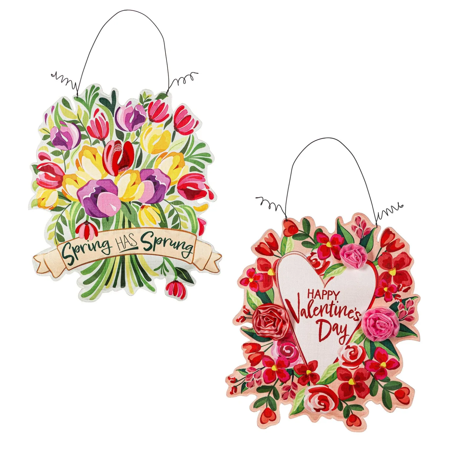 Fabric Door Hangers>Plow & Hearth Happy Valentine's Day Floral Wreath/ Spring has Sprung Double Sided Estate Door Décor