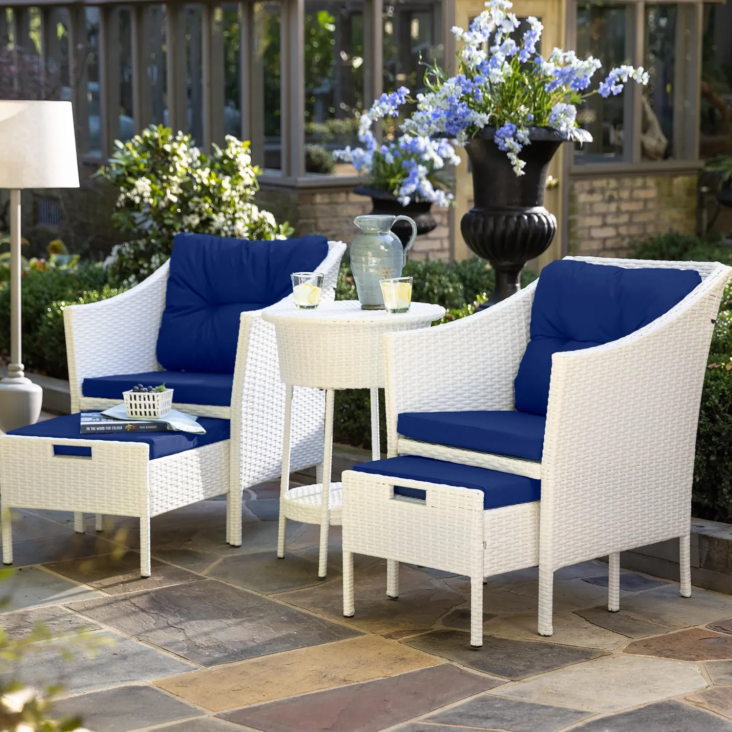 Outdoor Seating Sets>Plow & Hearth Harbor Moon Chat Set with Hideaway Ottomans and Cooler Table White