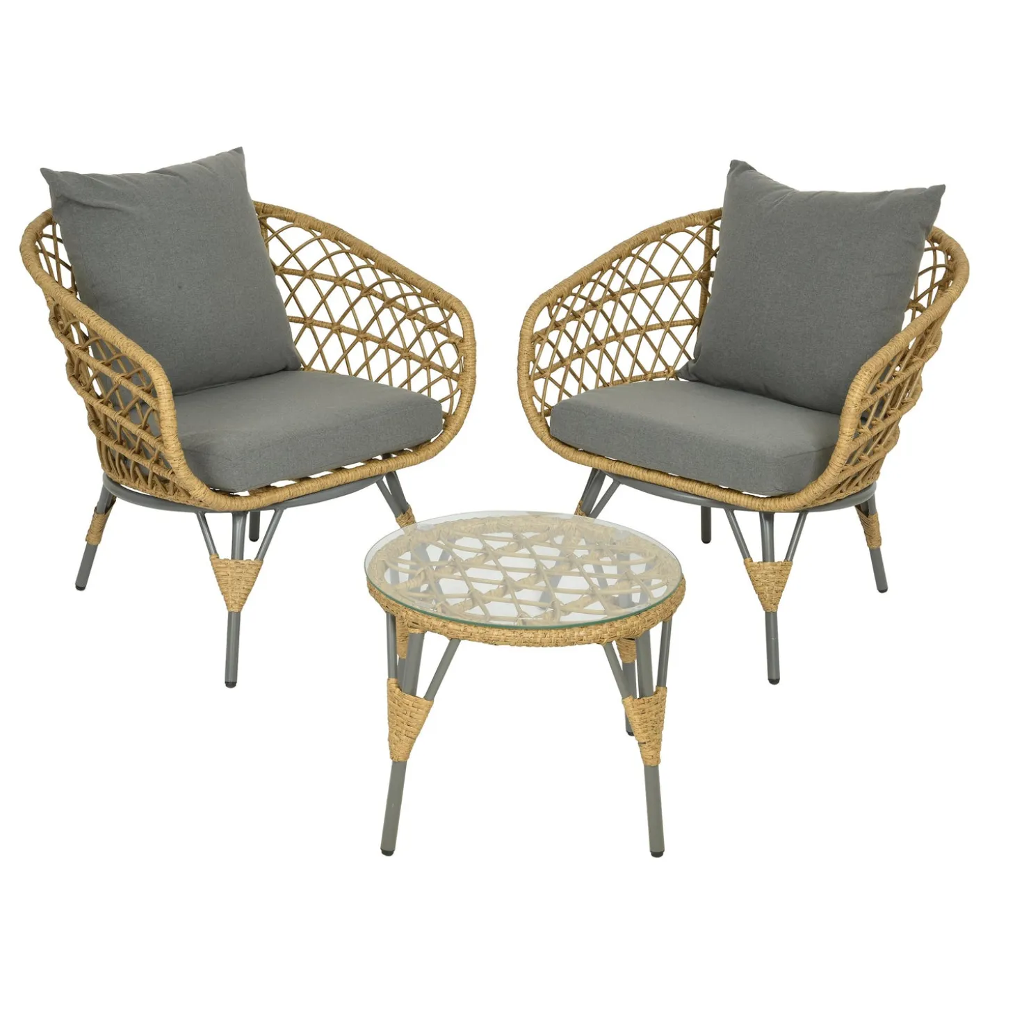 Chairs & Rockers | Rockers & Gliders>Plow & Hearth Havana Wicker Seating Set with Cushions and Table, 3-Piece Set Natural