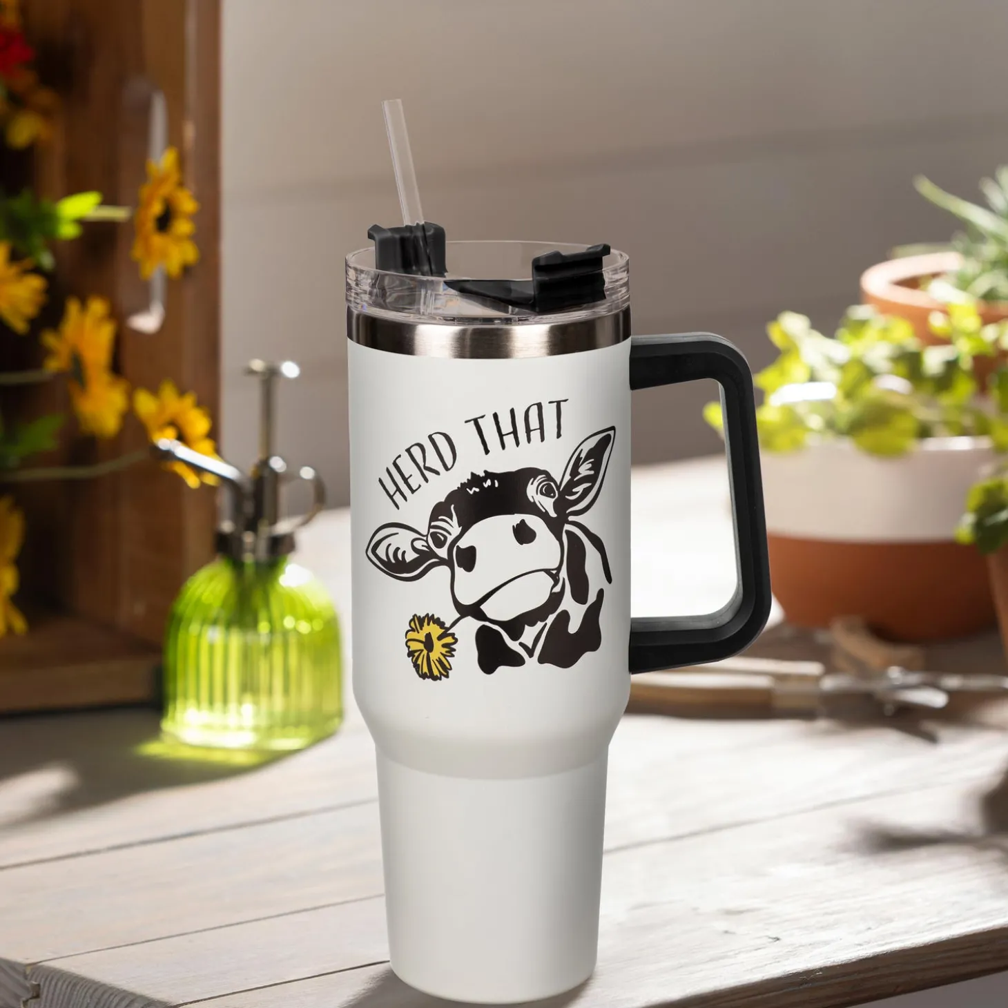 Travel Cups>Plow & Hearth Herd That Cow Canyon Cup, Double Wall Stainless Steel w/ Straw, 40oz, Gift Box