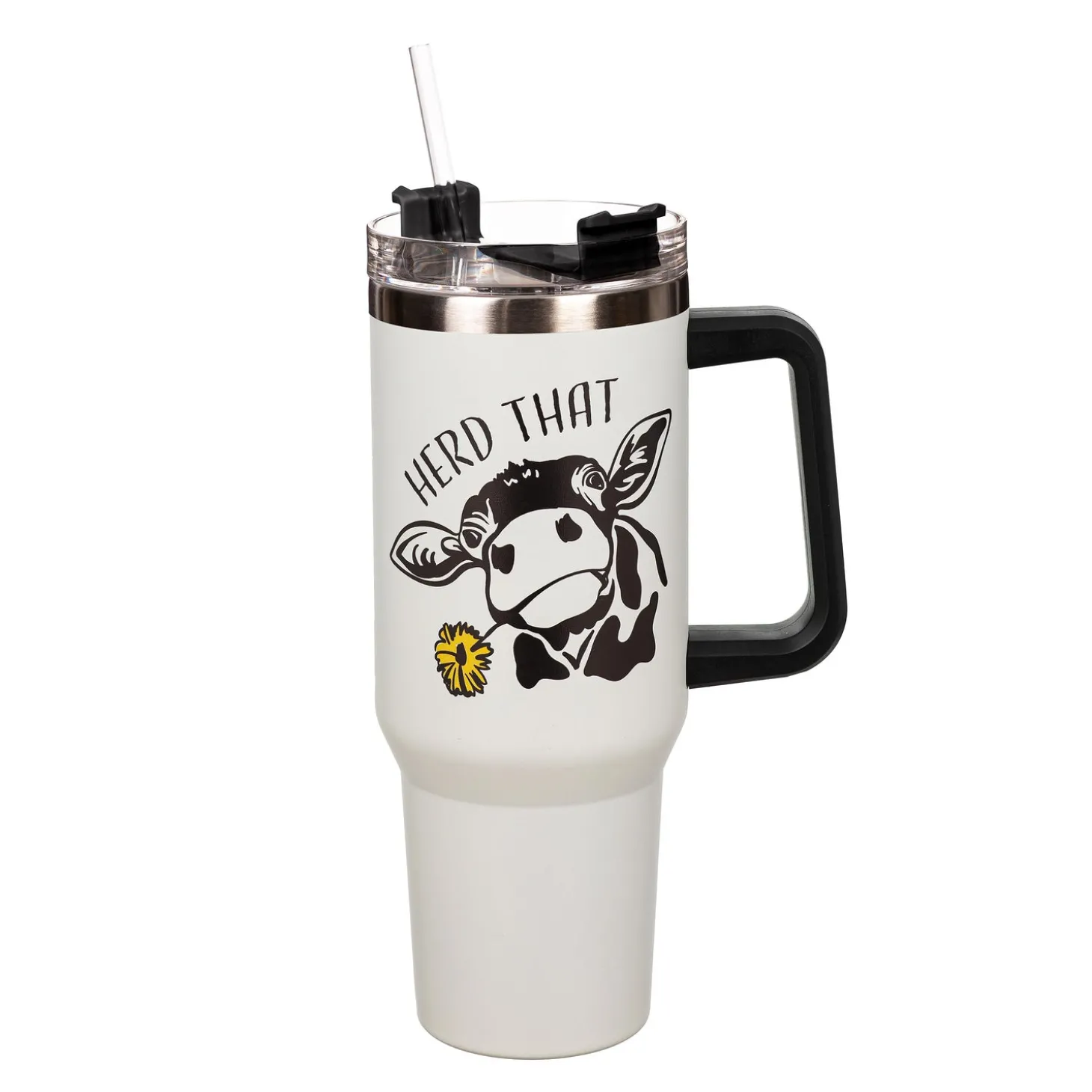 Travel Cups>Plow & Hearth Herd That Cow Canyon Cup, Double Wall Stainless Steel w/ Straw, 40oz, Gift Box