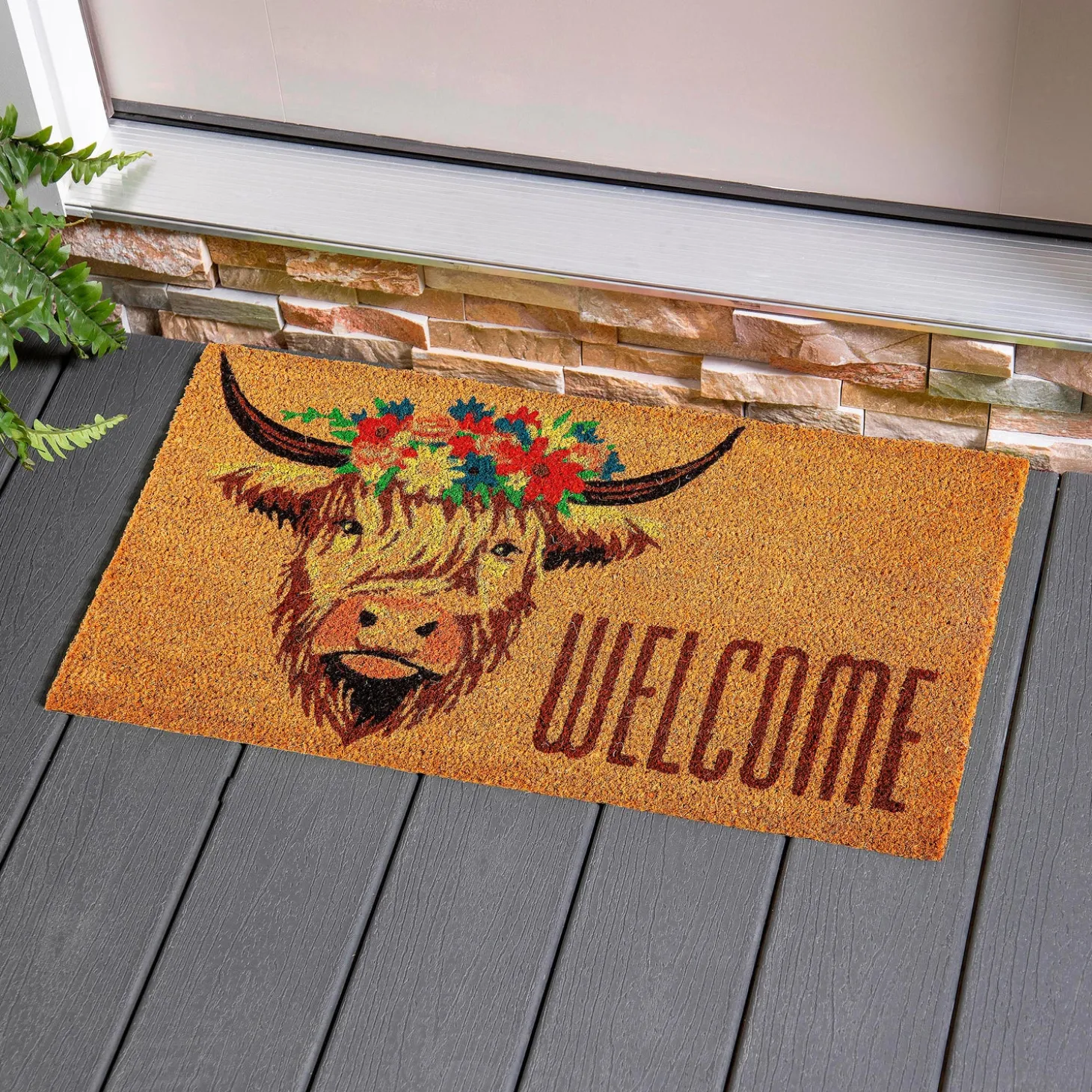 Coir Mats>Plow & Hearth Highland Cow Welcome Coir Mat