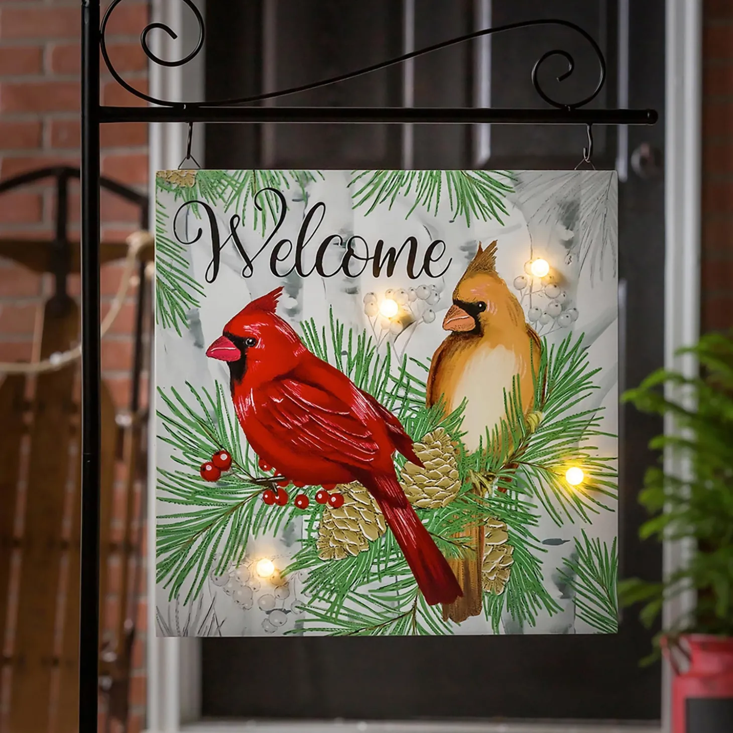 Garden Stakes | Solar Accents>Plow & Hearth Holiday Poinsettia Garden Stake, Solar Sign-sational Greeter Stake, Winter Cardinal Couple, 55"H