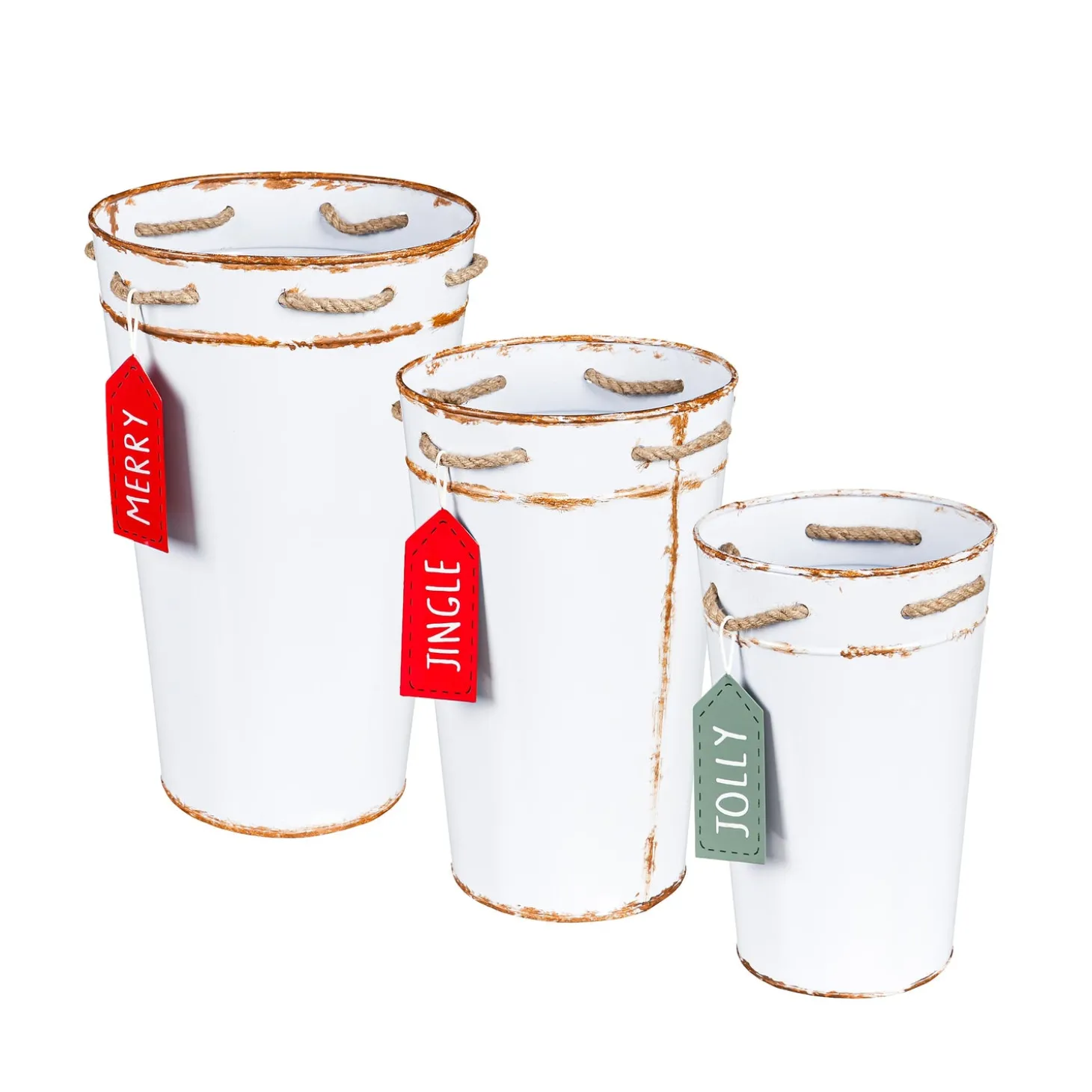 Planters & Plant Stands>Plow & Hearth Holiday Poinsettia Planter, French Bucket with Holiday Tag, Set of 3