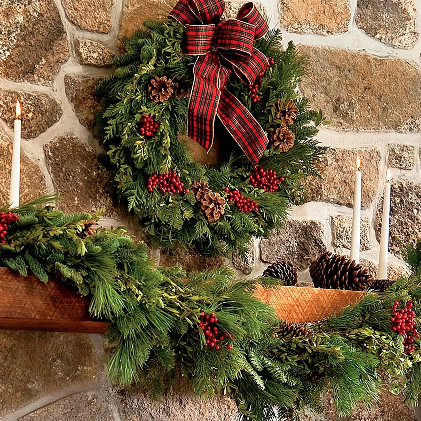 Wreaths>Plow & Hearth Holiday Woodland Evergreens 24"Wreath With Bow