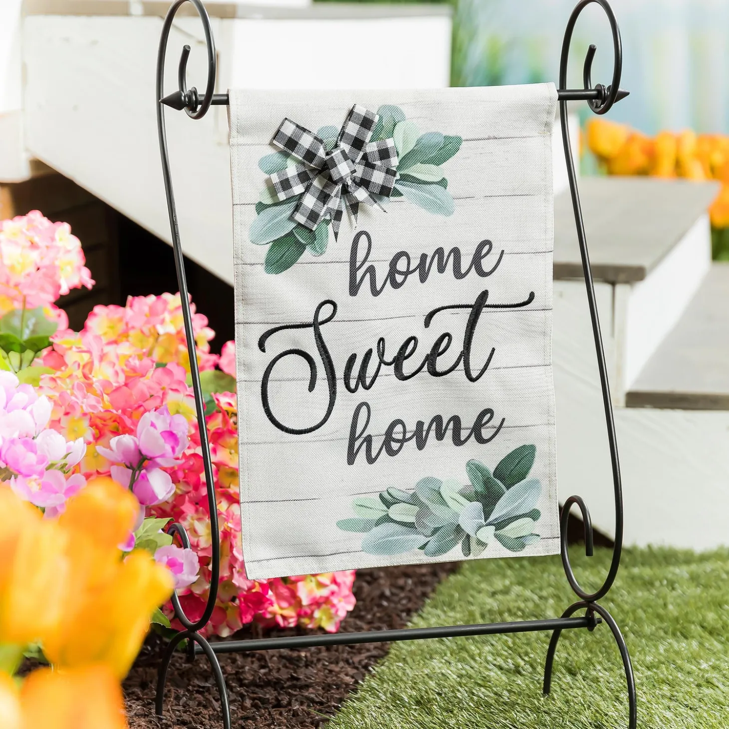 Garden Flags>Plow & Hearth Home Sweet Home Eucalyptus Burlap Garden Flag