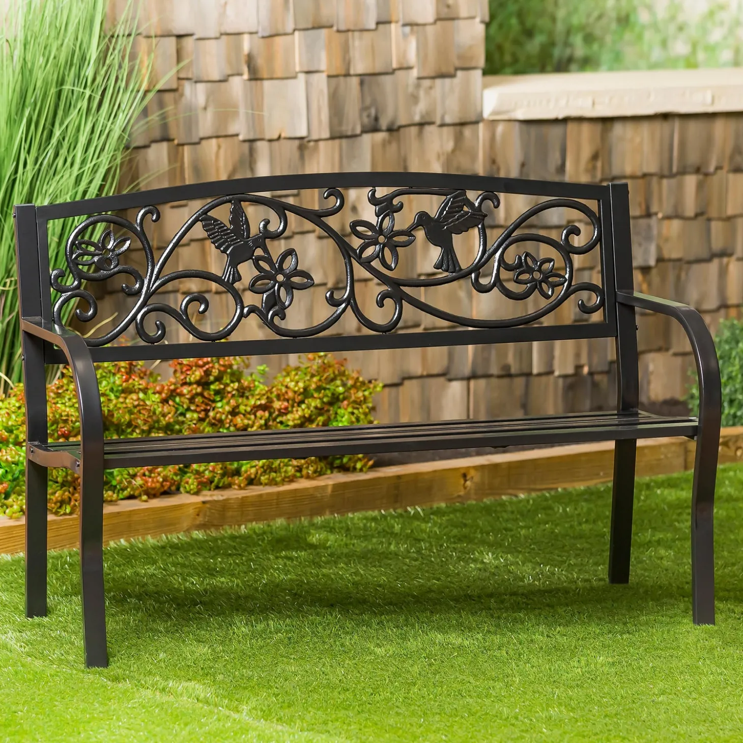 Outdoor Benches>Plow & Hearth Hummingbird Metal Garden Bench Black