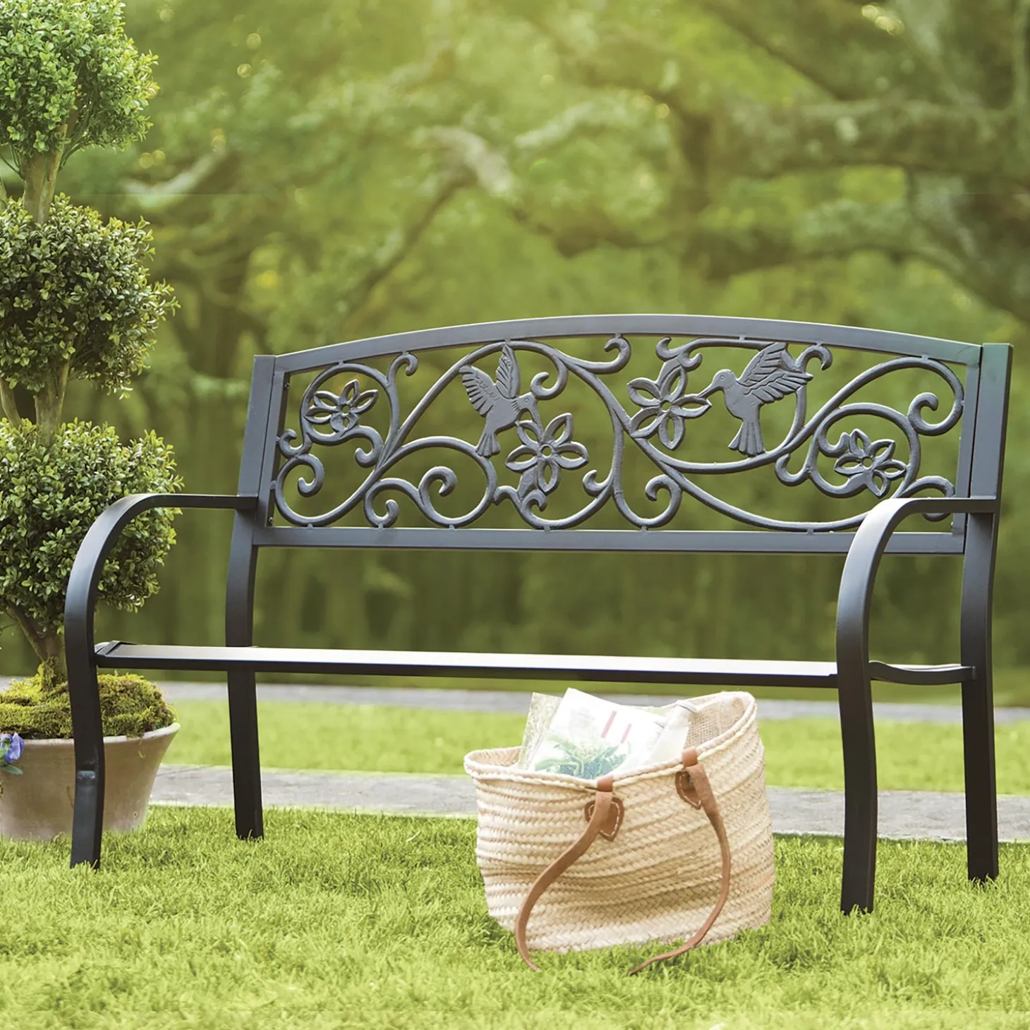 Outdoor Benches>Plow & Hearth Hummingbird Metal Garden Bench Black