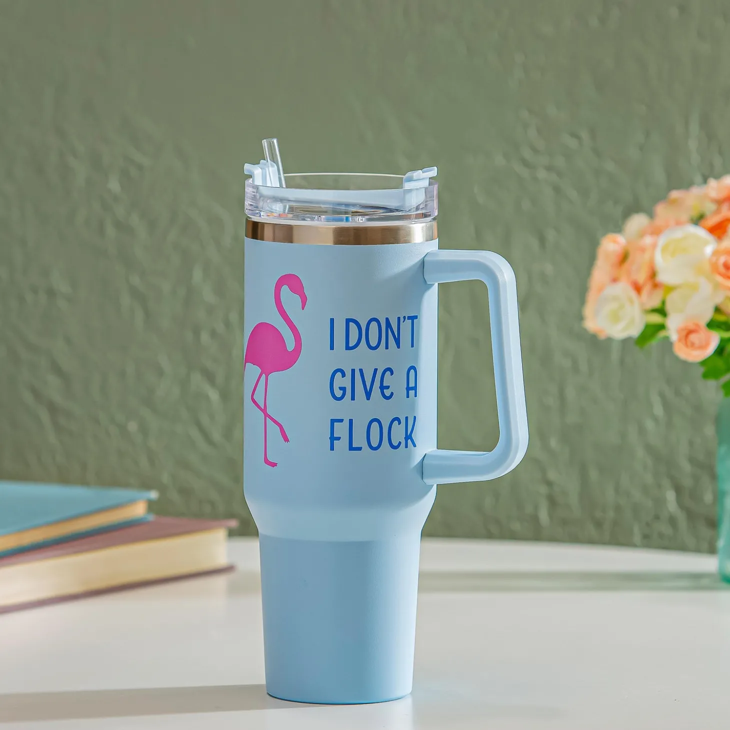 Travel Cups>Plow & Hearth I Don't Give A Flock Flamingo Canyon Cup, Double Wall Stainless Steel w/ Straw, 40oz, Gift Box