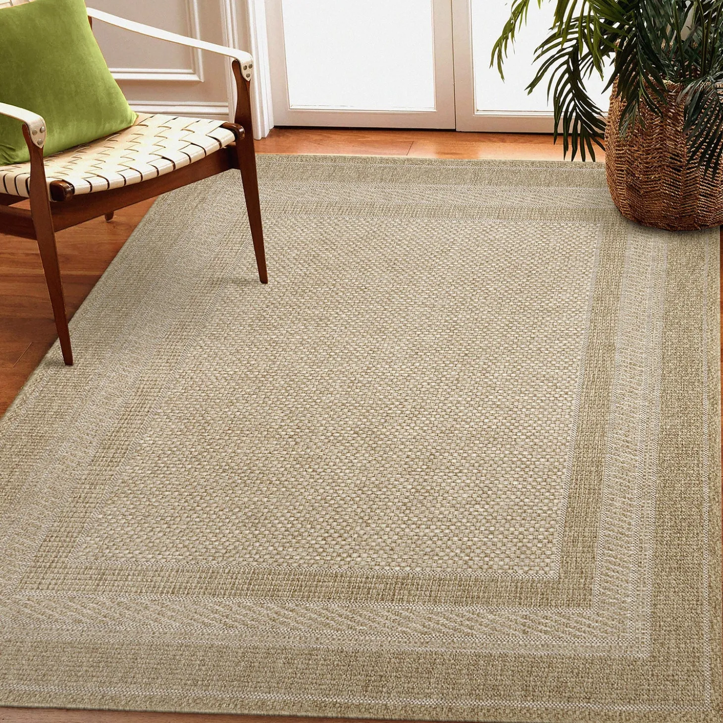 Area Rugs>Plow & Hearth Indoor/Outdoor Beachcomber Border Rug, 6'6" x 9'4" Natural