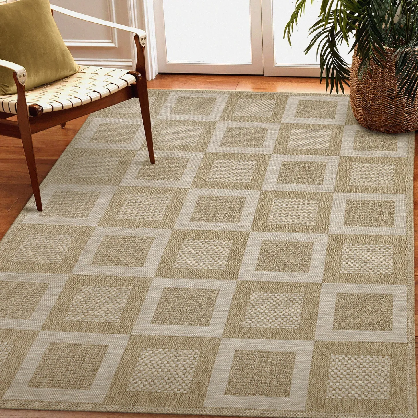 Area Rugs>Plow & Hearth Indoor/Outdoor Beachcomber Squares Rug, 6'6" x 9'4" Natural