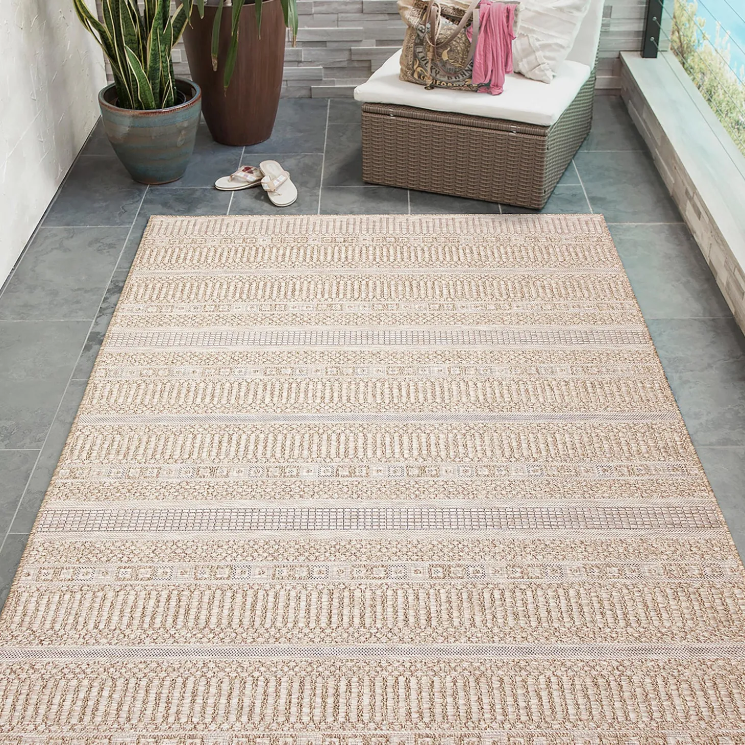 Area Rugs>Plow & Hearth Indoor/Outdoor Beachcomber Striped Rug, 5'3" x 7'3" Natural