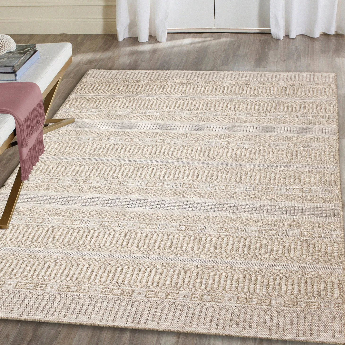 Area Rugs>Plow & Hearth Indoor/Outdoor Beachcomber Striped Rug, 5'3" x 7'3" Natural