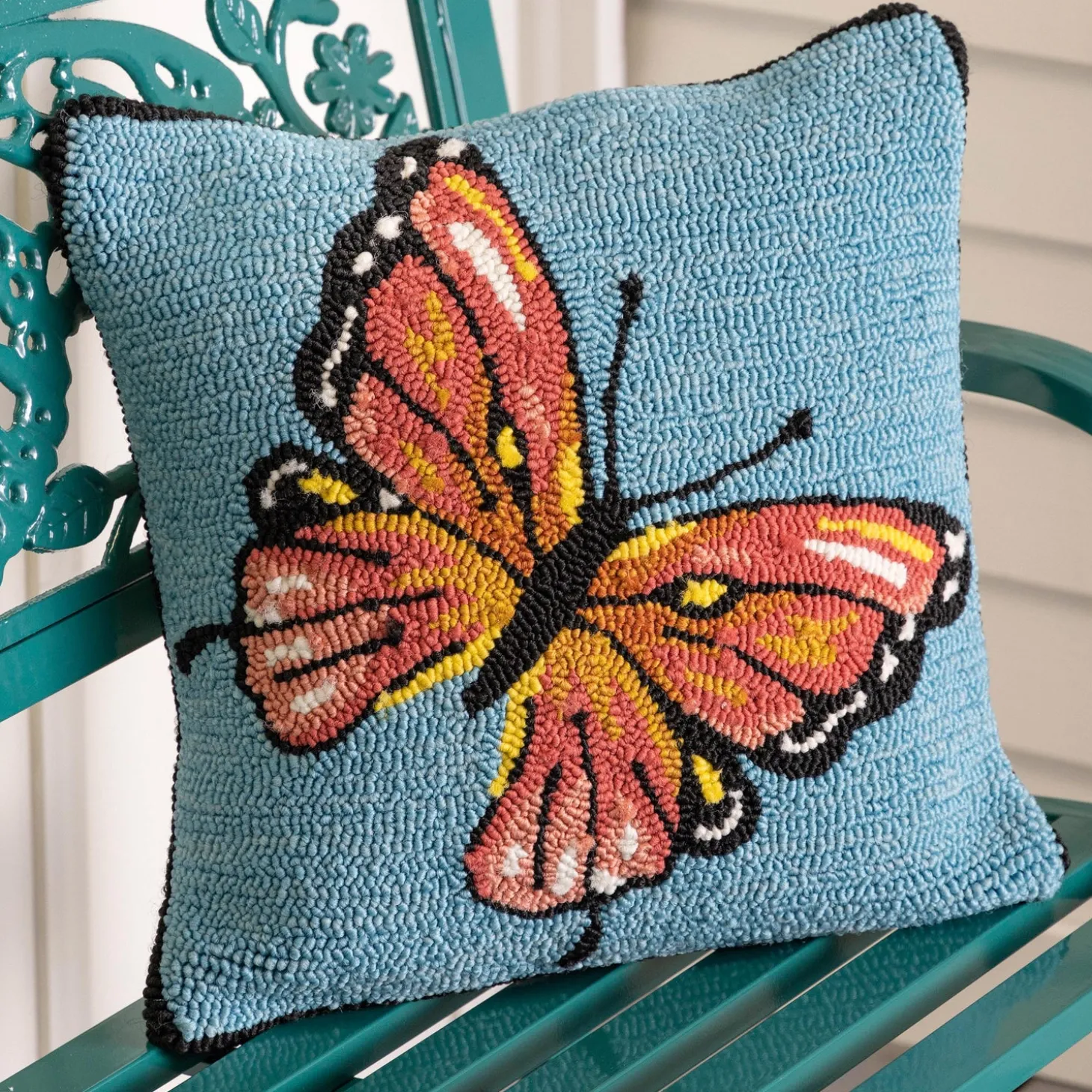 Decorative Pillows>Plow & Hearth Indoor/Outdoor Blue Butterfly Hand Hooked Polypropylene Throw Pillow