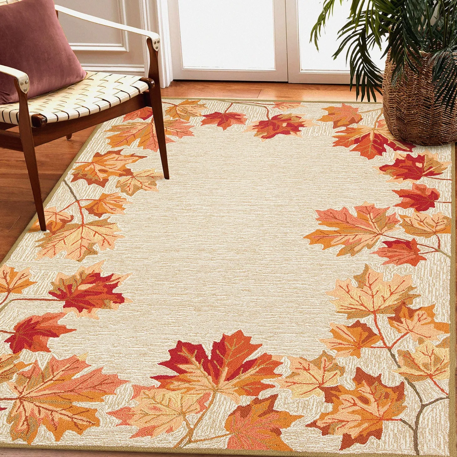 Area Rugs>Plow & Hearth Indoor/Outdoor Falling Leaves Border Rug, 7'6" x 9'6"