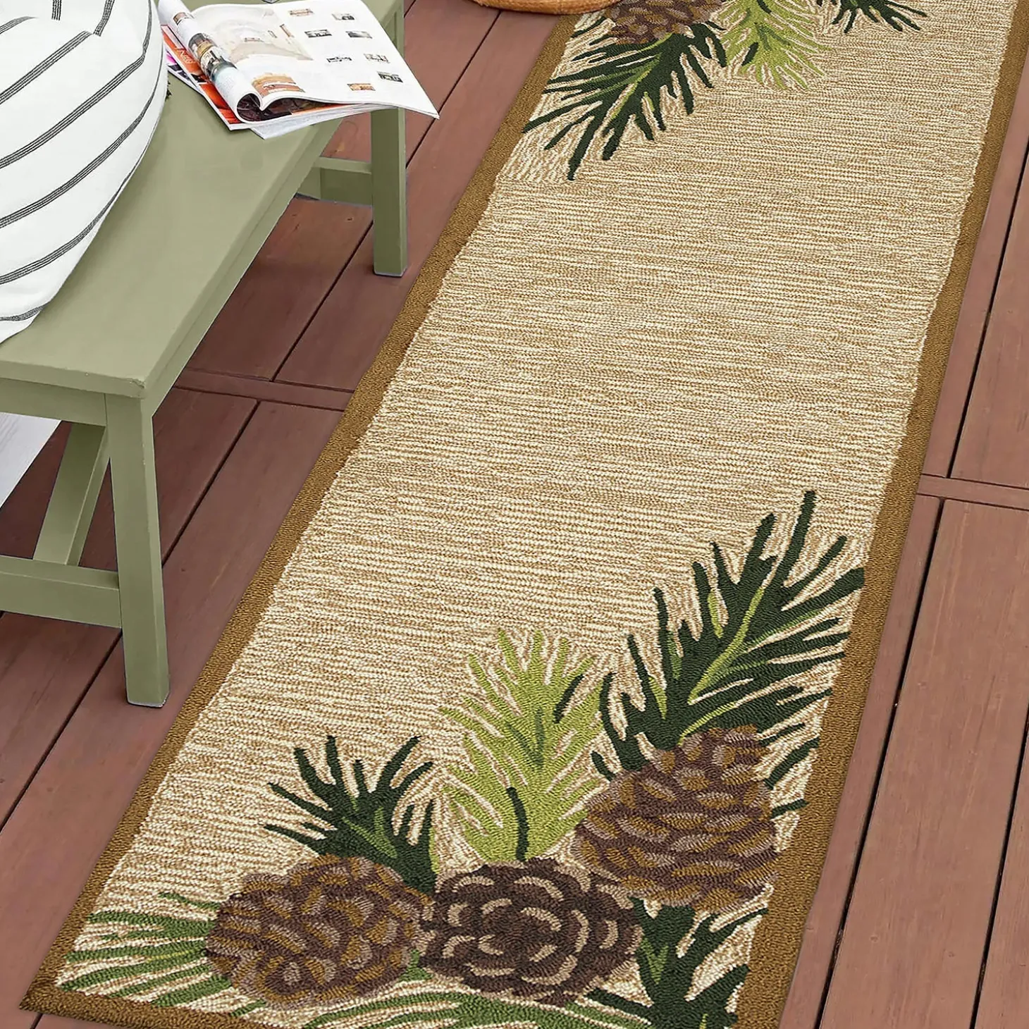 Runners>Plow & Hearth Indoor/Outdoor Forest Lake Border Rug, 2' x 8' Runner Natural