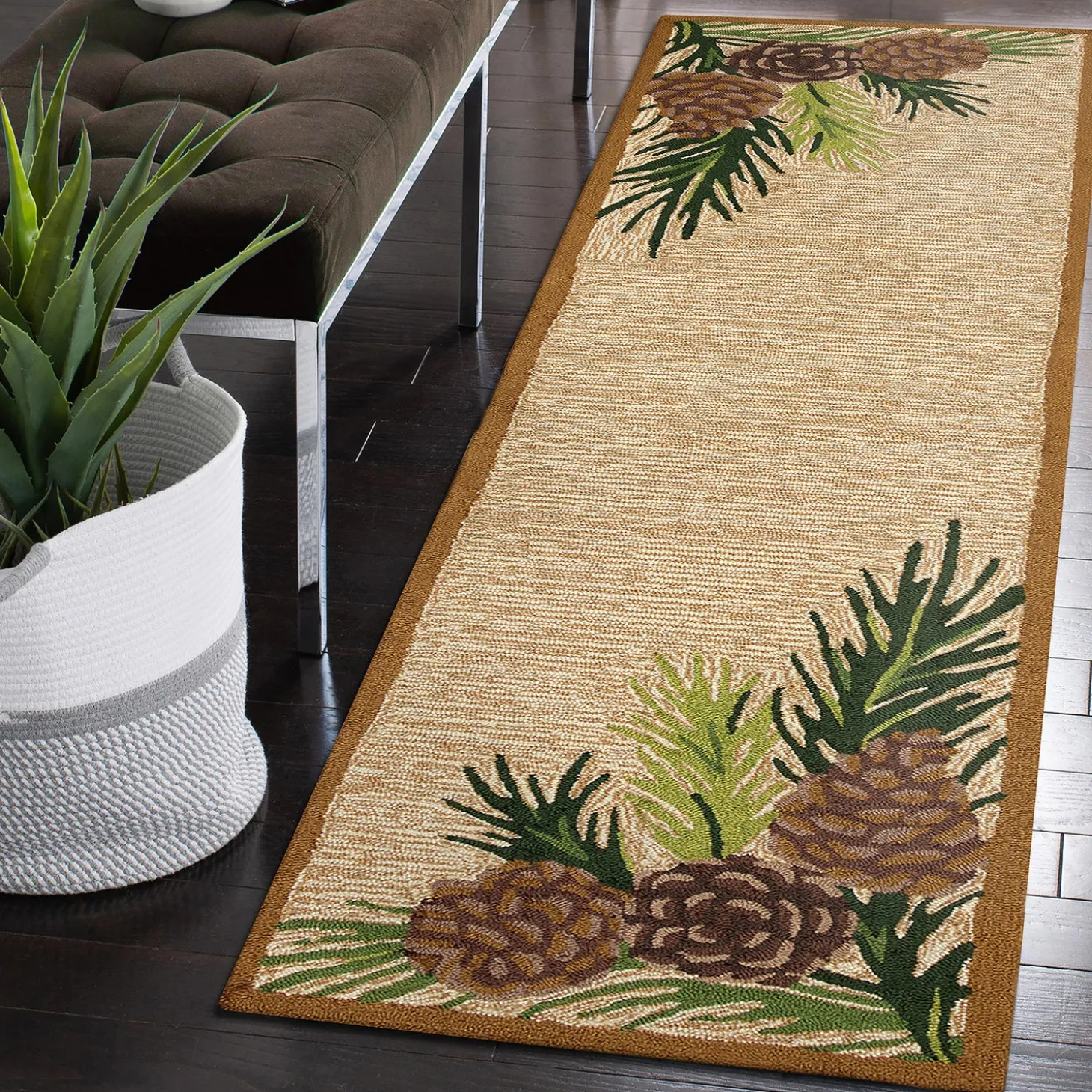Runners>Plow & Hearth Indoor/Outdoor Forest Lake Border Rug, 2' x 8' Runner Natural