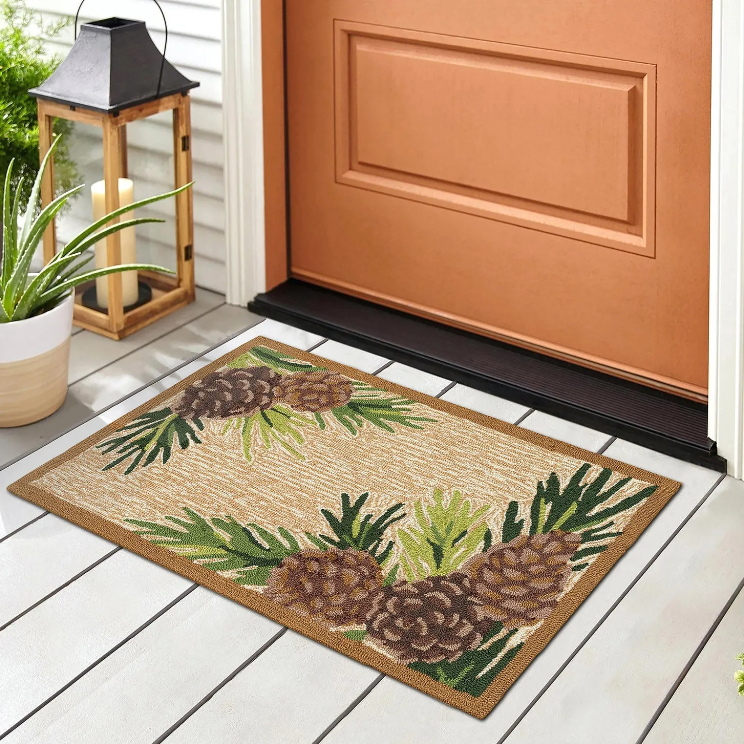 Area Rugs>Plow & Hearth Indoor/Outdoor Forest Lake Border Rug, 7'6" x 9'6" Natural