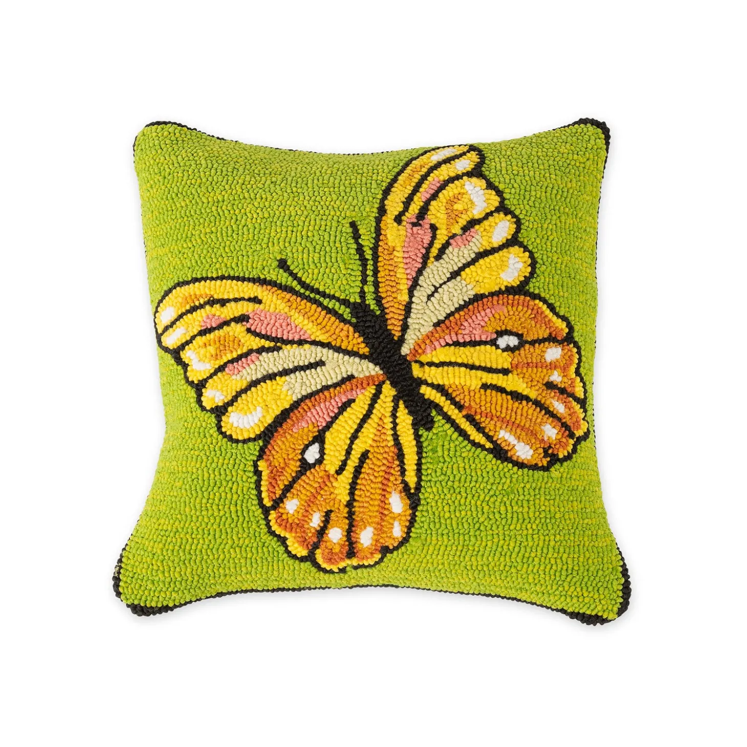 Outdoor Throw Pillows | Decorative Pillows>Plow & Hearth Indoor/Outdoor Green Butterfly Hand Hooked Polypropylene Throw Pillow