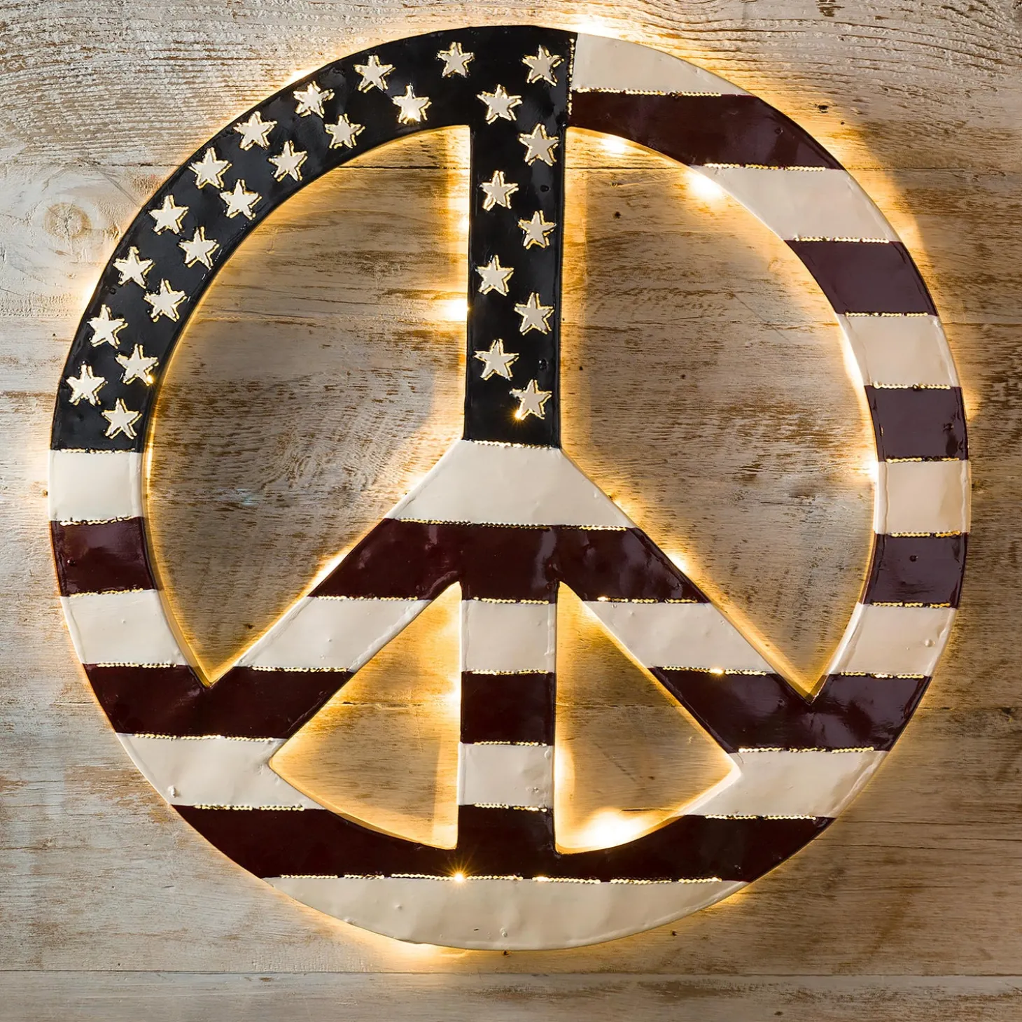 Outdoor Wall Art | Wall Art>Plow & Hearth Indoor/Outdoor Lighted Americana Flag Peace Sign Wall Art