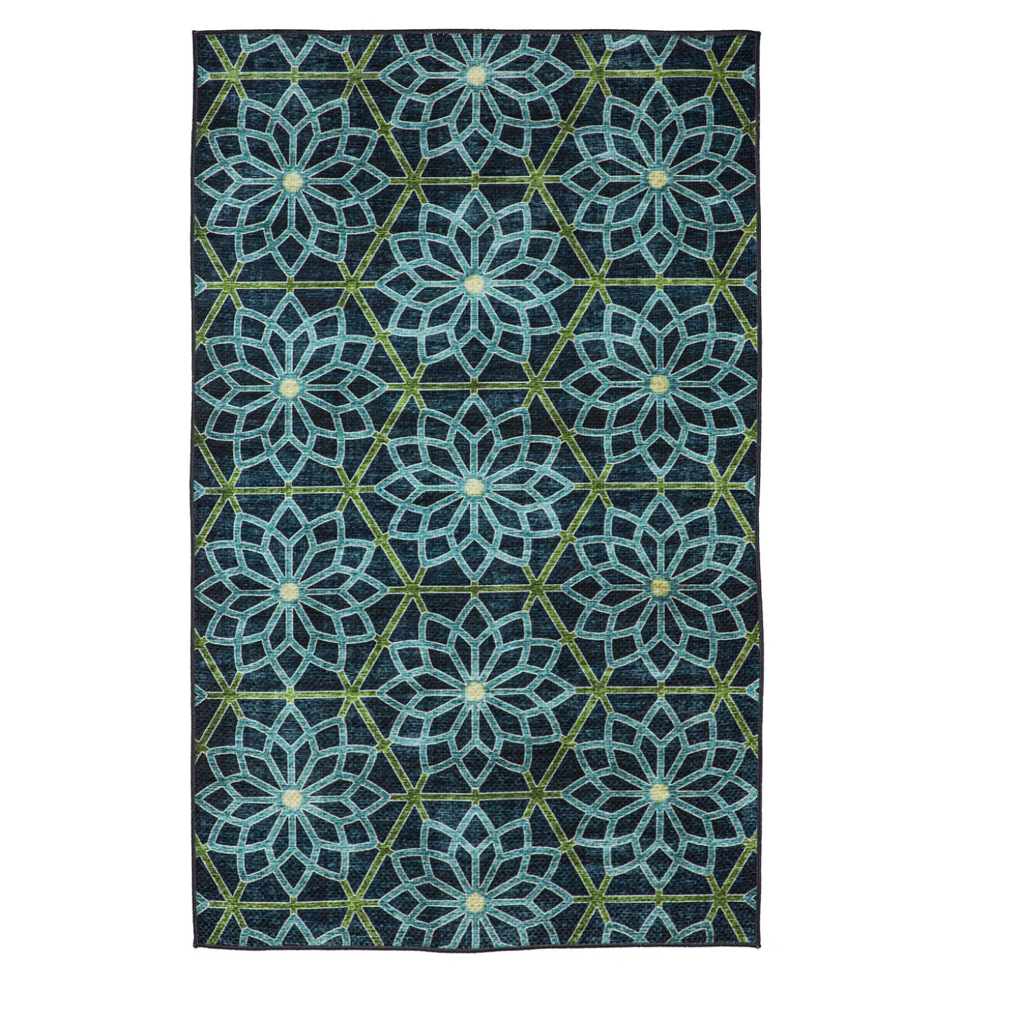 Area Rugs>Plow & Hearth Indoor/Outdoor Machine Washable Blue Kaleidoscope Printed Rug, 3' x 5'