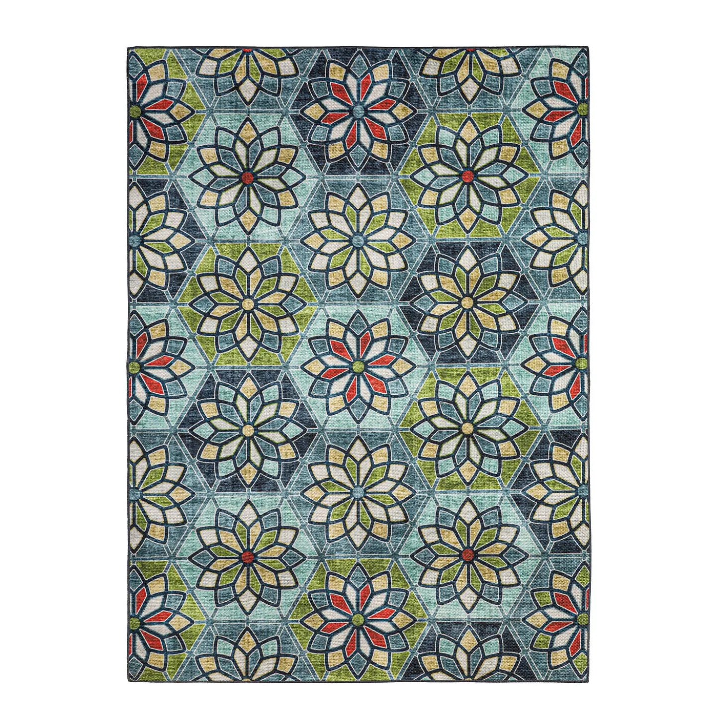 Area Rugs | Washable Mats>Plow & Hearth Indoor/Outdoor Machine Washable Green Kaleidoscope Printed Rug, 5' x 7'