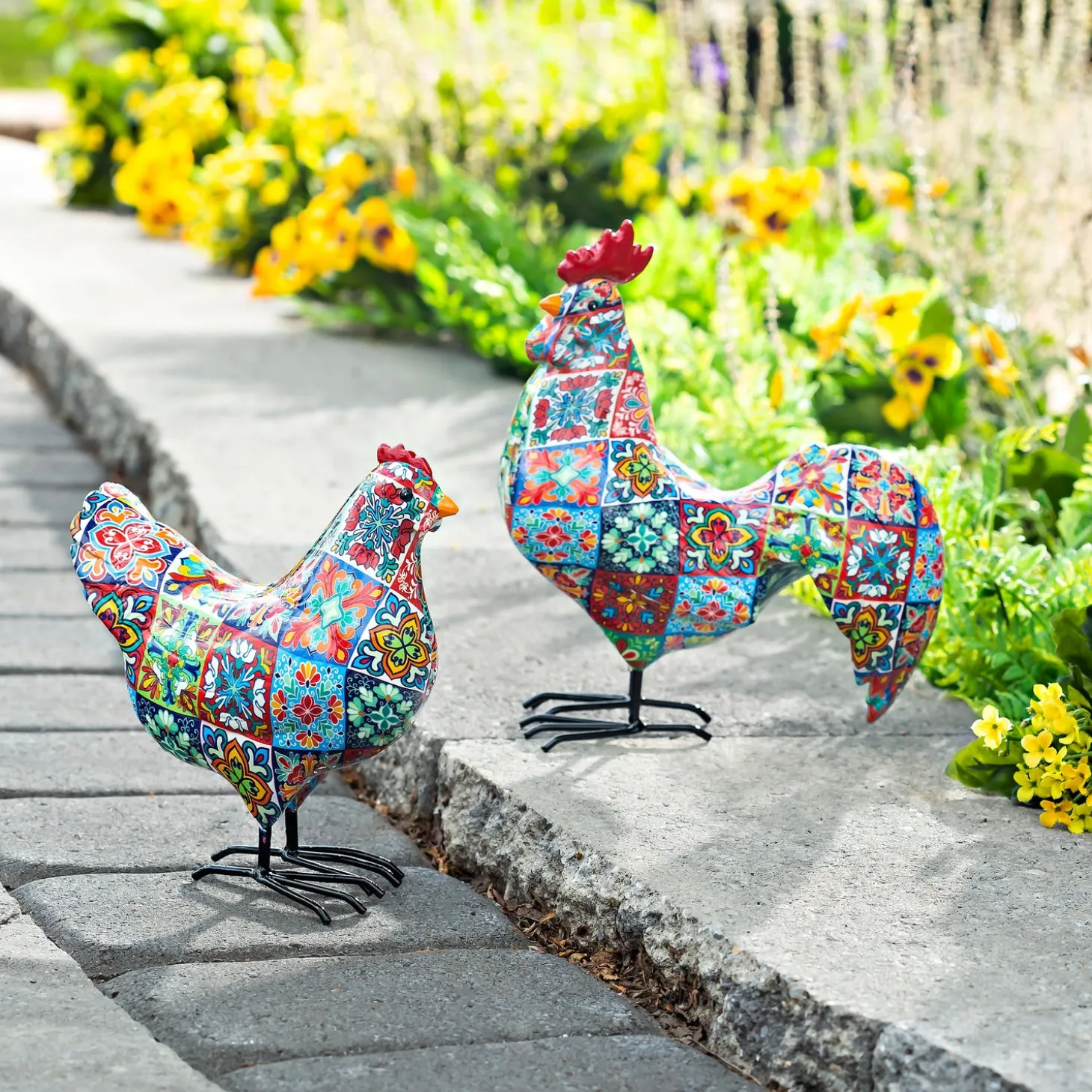 Garden Statues>Plow & Hearth Indoor/Outdoor Tile-Inspired Rooster and Hen Statue Set