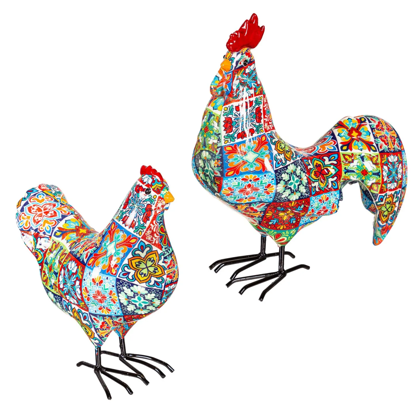 Garden Statues>Plow & Hearth Indoor/Outdoor Tile-Inspired Rooster and Hen Statue Set