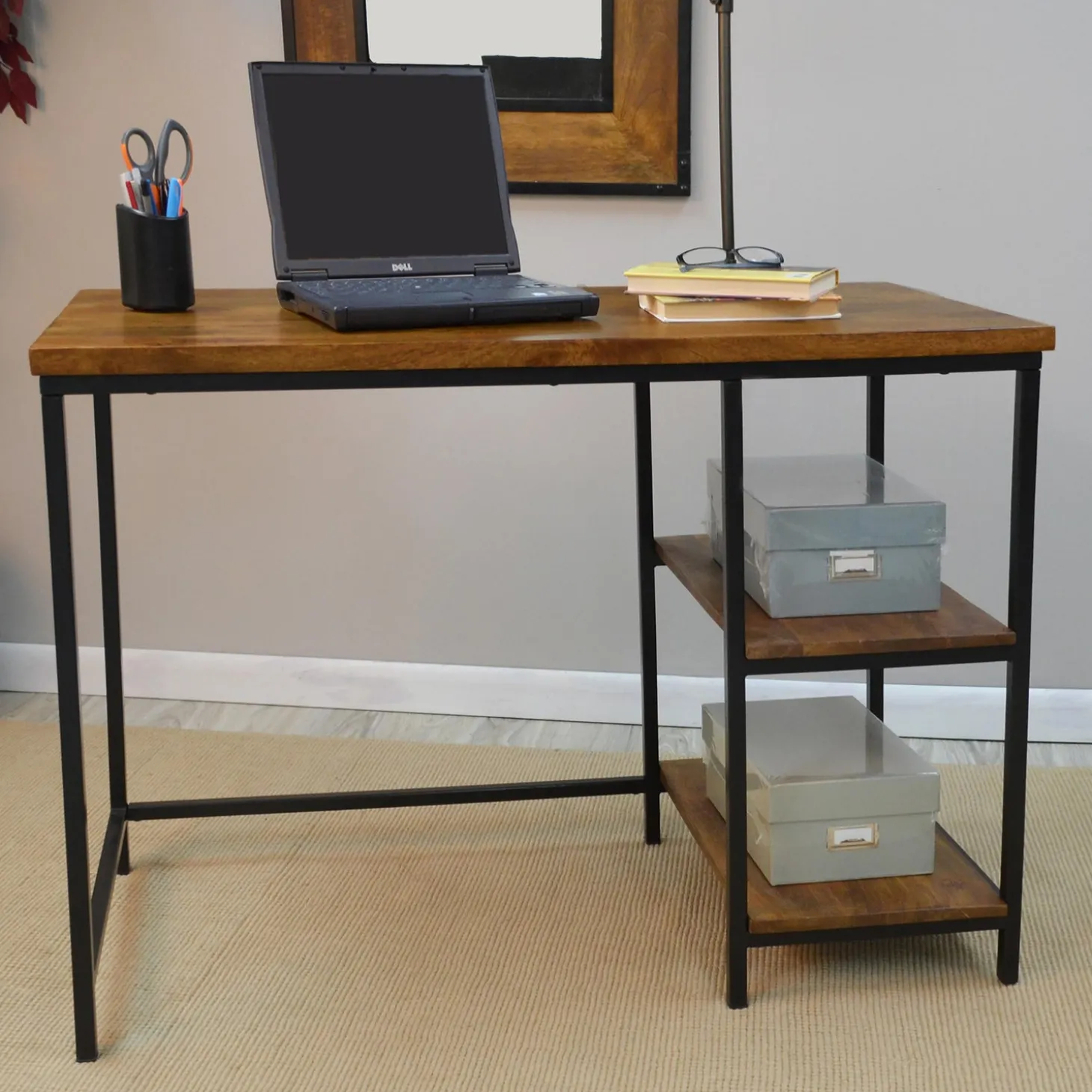 Desks & Console Tables>Plow & Hearth Industrial-Style Wood and Metal Desk with Shelves