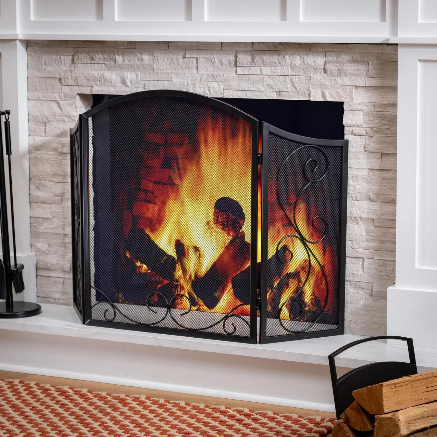 Tri-Panel Fireplace Screens>Plow & Hearth Iris Scroll Tri-Fold Fireplace Screen