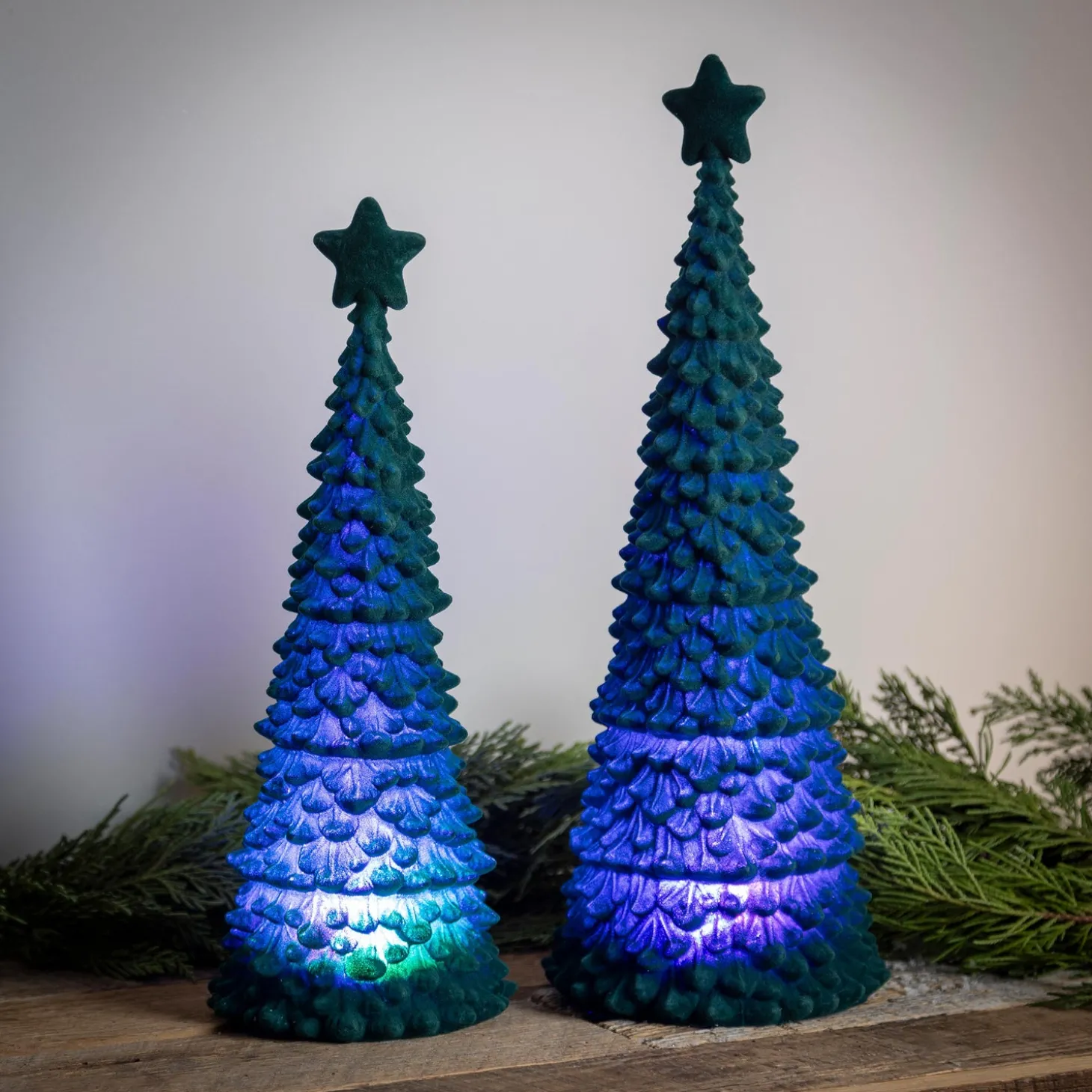 Decorative Accents | Lighted Trees & Garlands>Plow & Hearth Joyful Traditions LED Table Decor Flocked Tree with Star, Set of 2