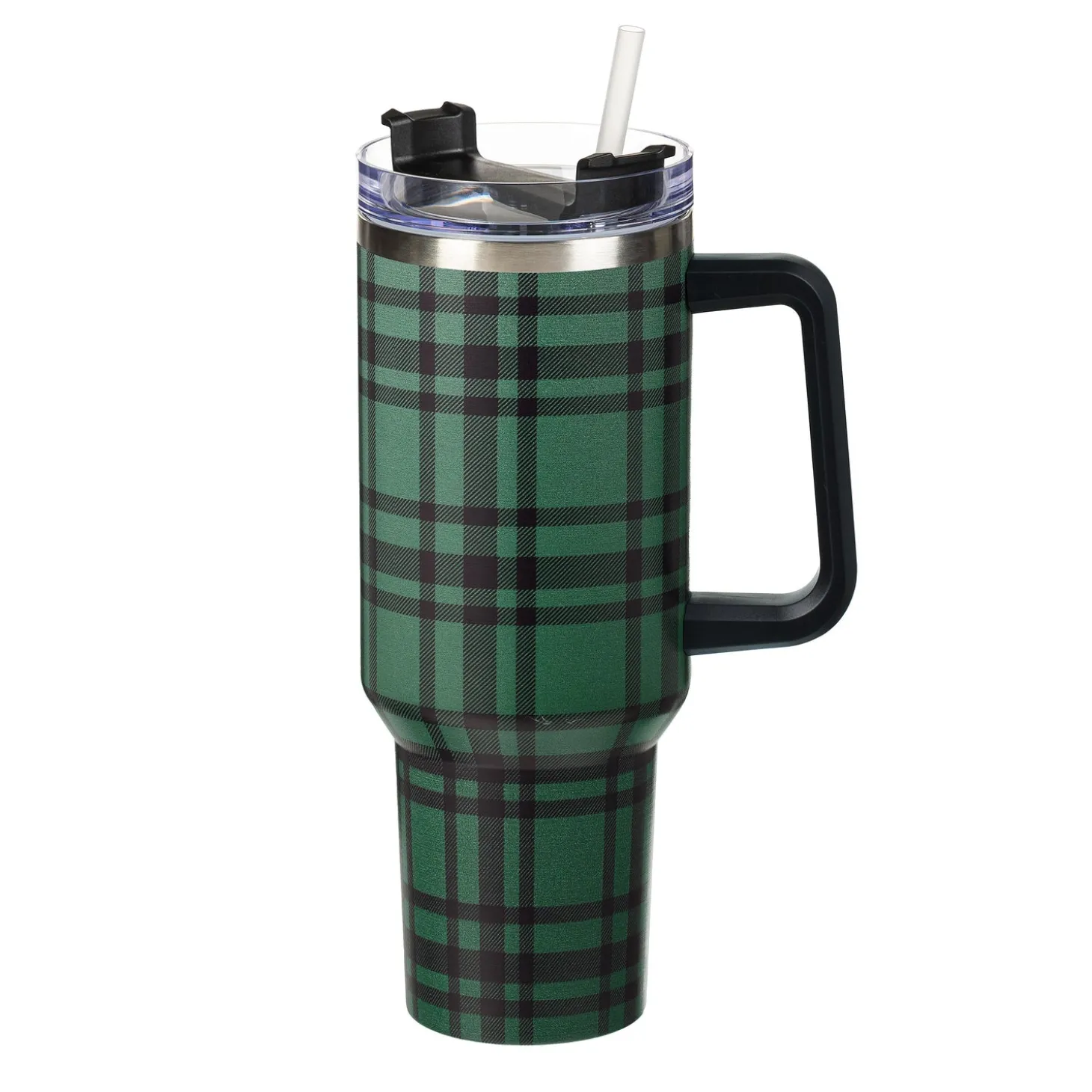 Travel Cups>Plow & Hearth Joyful Traditions Tumbler Stainless-Steel Canyon Cup w/ Straw, Green Plaid, 40oz, Gift Box