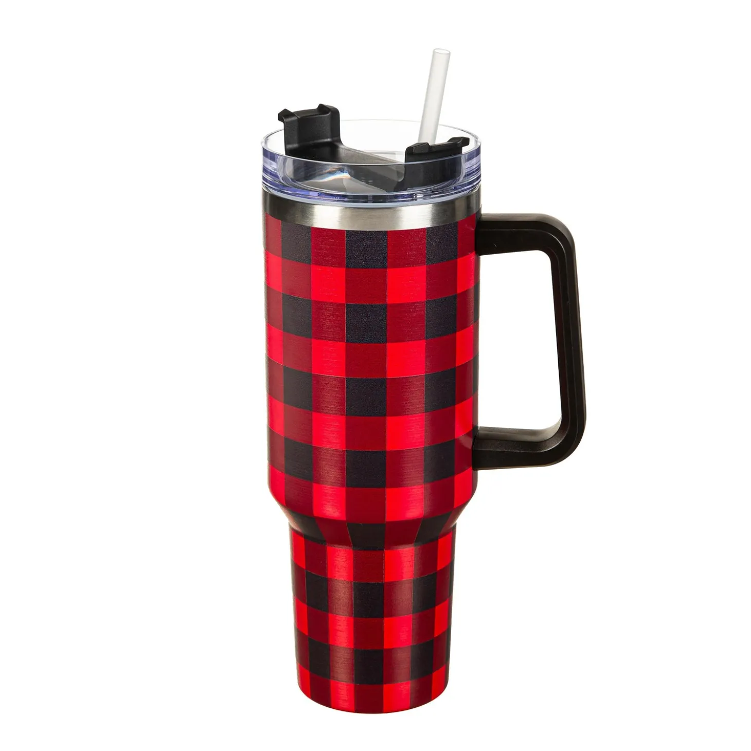 Travel Cups>Plow & Hearth Joyful Traditions Tumbler Stainless-Steel Canyon Cup w/ Straw, Red Buffalo Check, 40oz, Gift Box