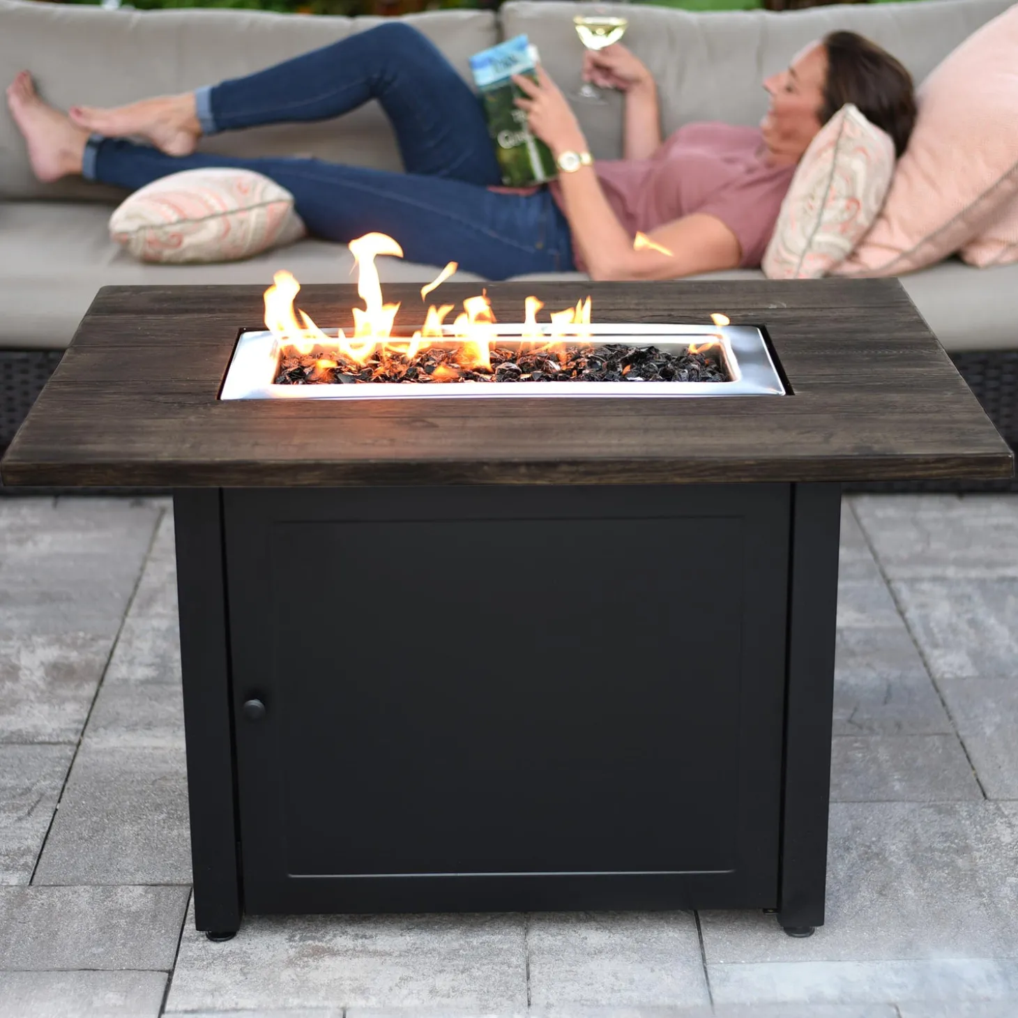 Fire Pits | Fire Pits>Plow & Hearth Kamden Propane Gas Fire Pit with Faux Wood Tabletop and Glass Rocks